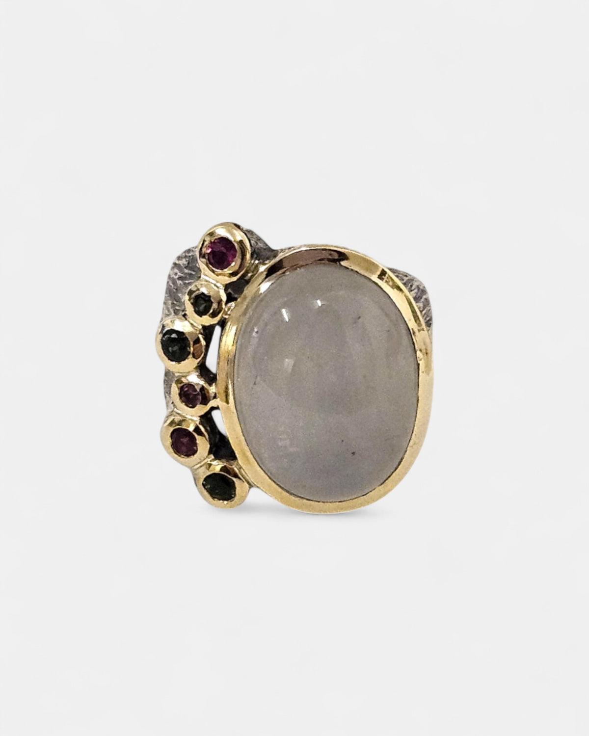 Anillo ancho de plata piedra luna y turmalinas