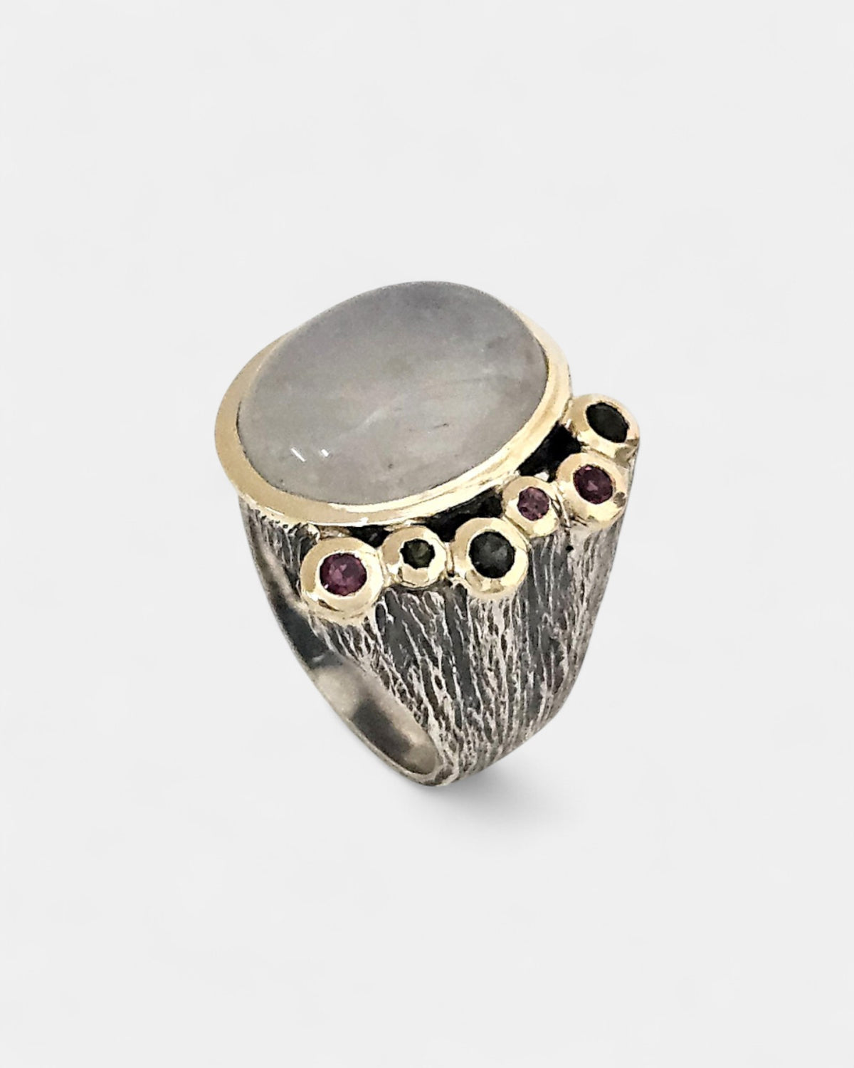 Anillo ancho de plata piedra luna y turmalinas