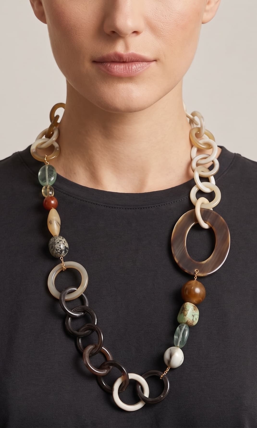 Mujer luciendo el collar Amlé, resaltando la asimetría del diseño y la mezcla de piedras naturales sobre un top oscuro.