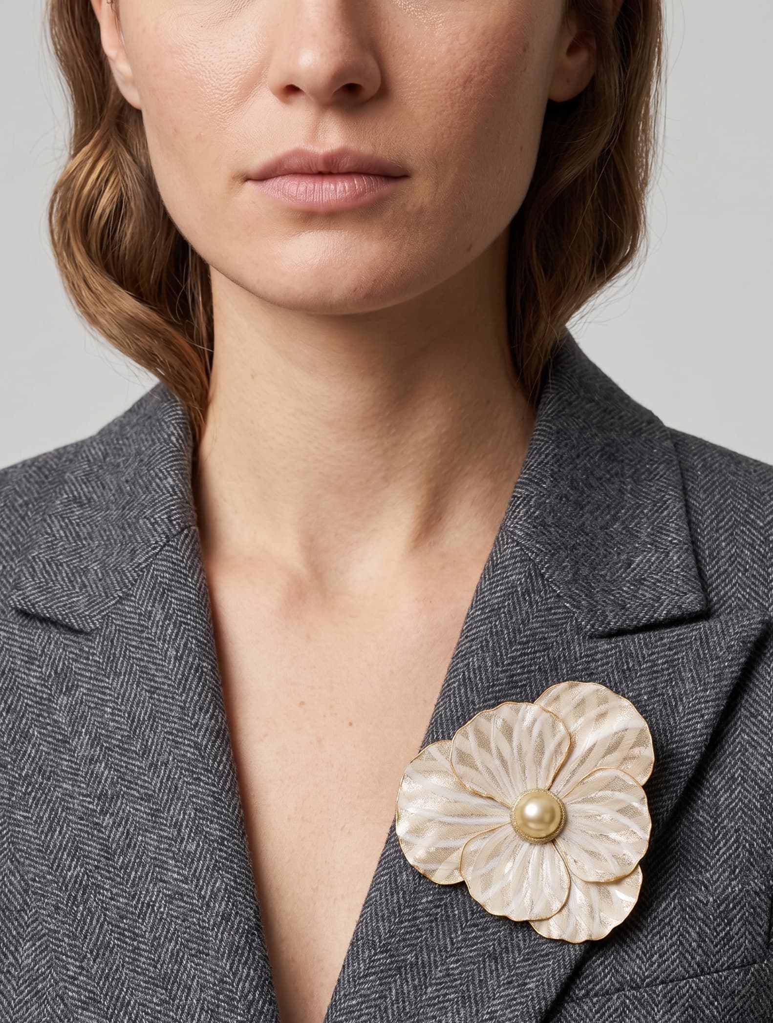 Vista en ángulo del maxibroche floral crema y oro de Ciléa Paris prendido en una chaqueta de tweed gris, detallando su volumen tridimensional sobre la solapa.