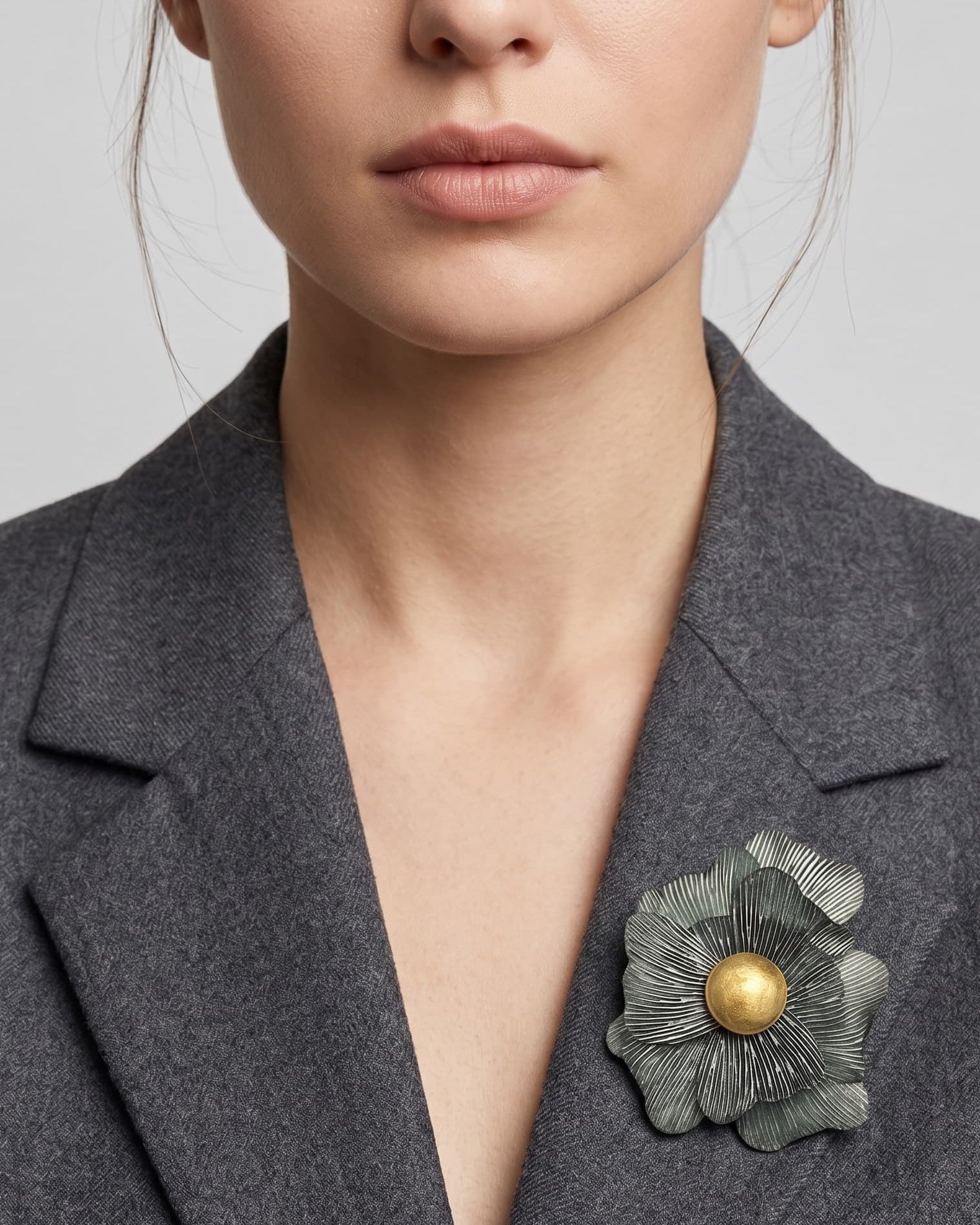 Vista frontal del broche floral verde de Ciléa Paris prendido en la solapa de una chaqueta de traje gris, detallando su volumen y relieve tridimensional.