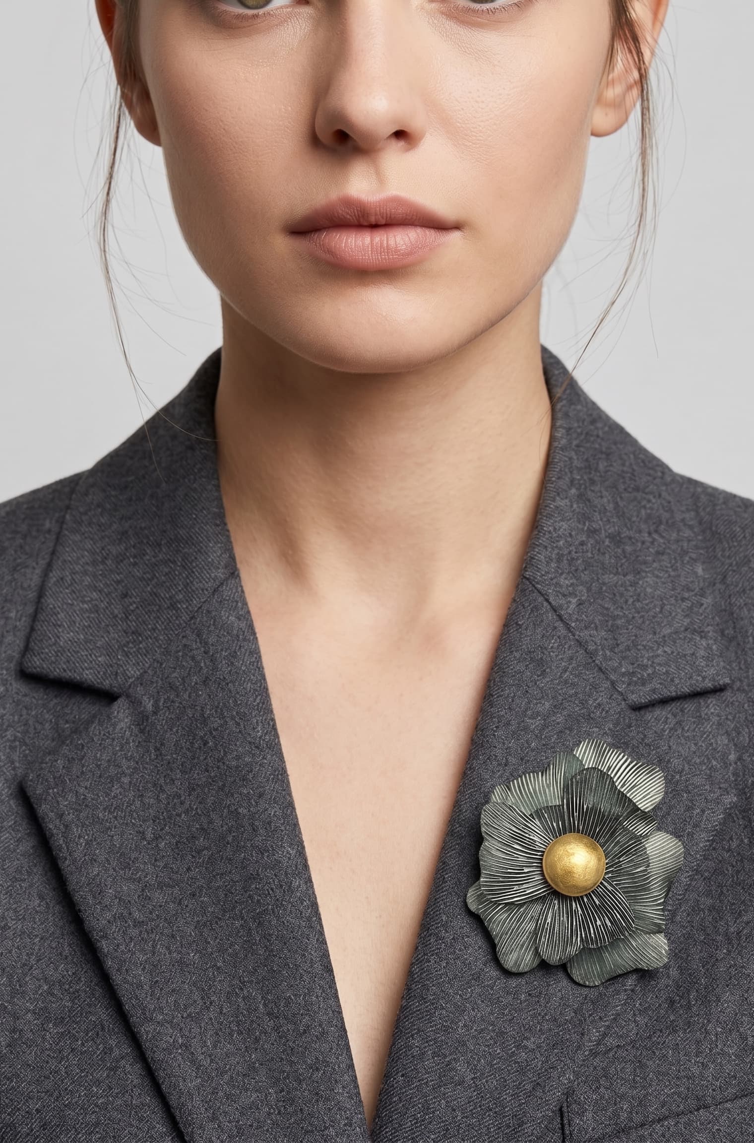 Vista frontal del broche floral verde de Ciléa Paris prendido en la solapa de una chaqueta de traje gris, detallando su volumen y relieve tridimensional.