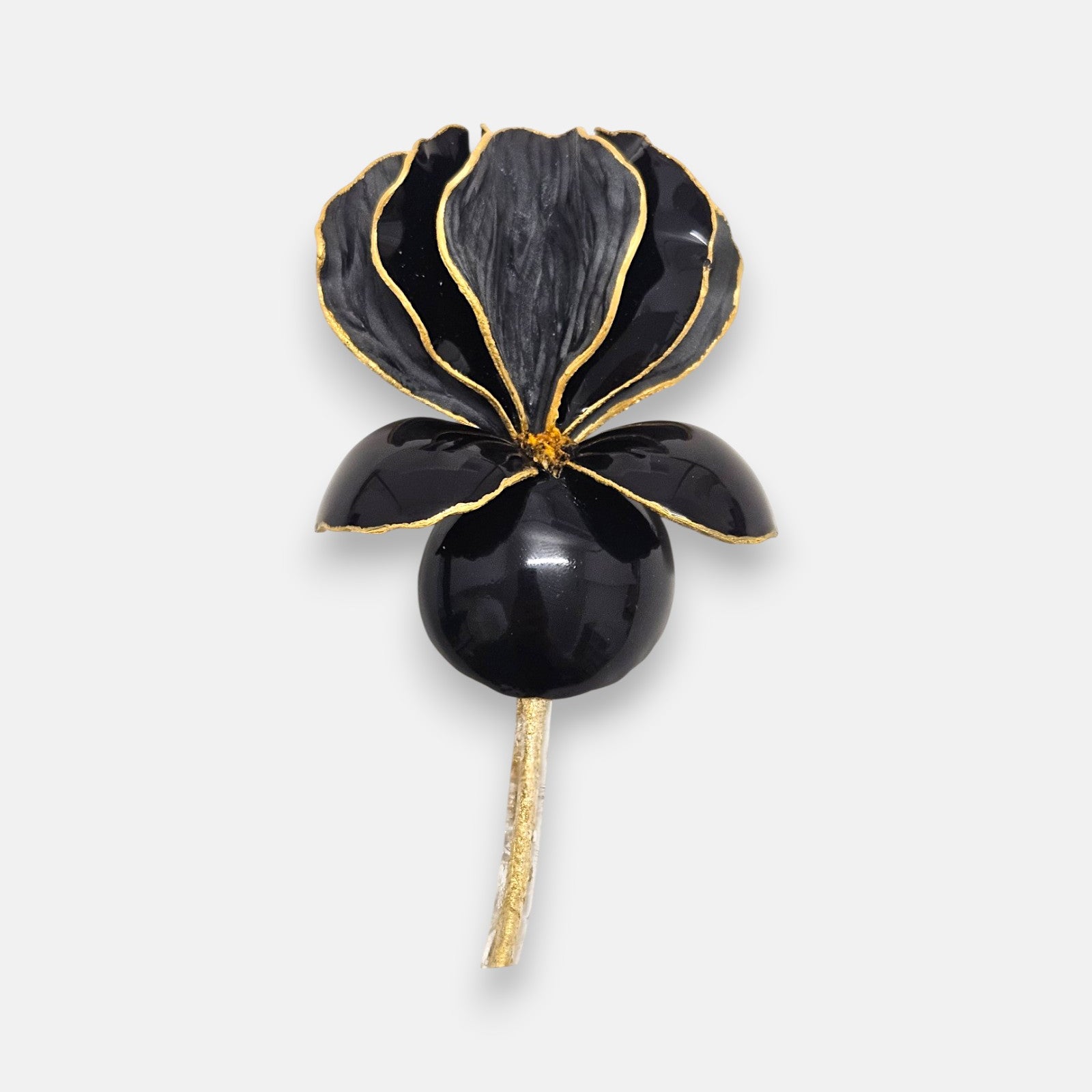 Broche mediano en forma de flor iris de Ciléa Paris, mostrando sus pétalos en negro azabache de acabado brillante, finos perfiles en oro y tallo dorado.