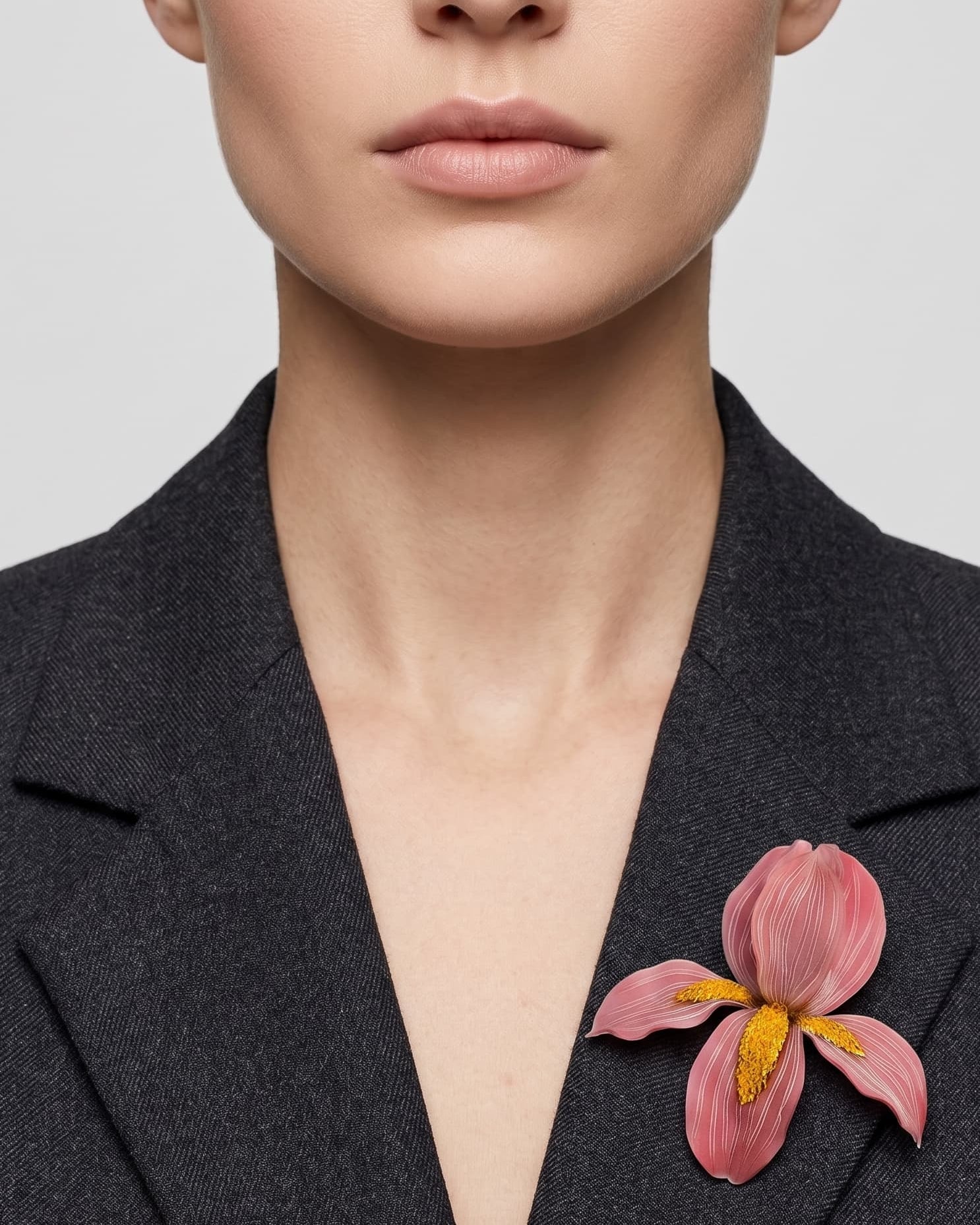 Vista frontal del broche floral rosa de Ciléa Paris prendido en la solapa de una chaqueta de traje gris oscura, detallando su volumen y relieve tridimensional.