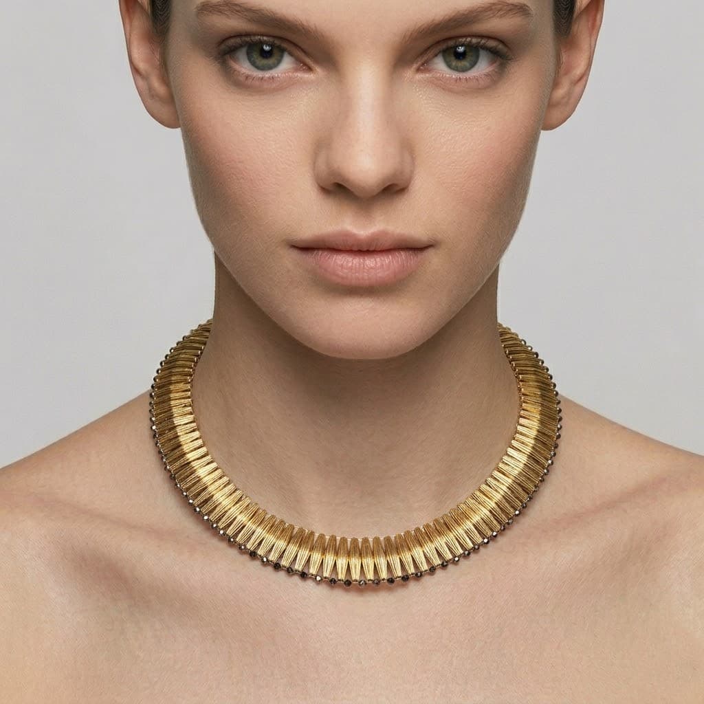 Vista frontal de una modelo luciendo la gargantilla escultórica Aura Gold de Tataborello, mostrando cómo enmarca el cuello con su diseño texturizado dorado.