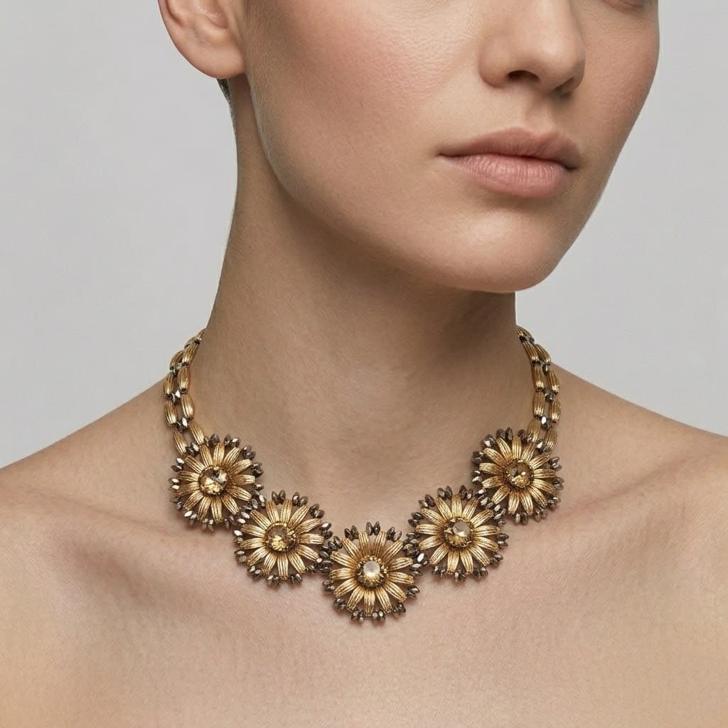 Vista de perfil de una modelo portando el collar pechera de diseño exótico Amazonia Gold de Tataborello, destacando el volumen dorado sobre el cuello.