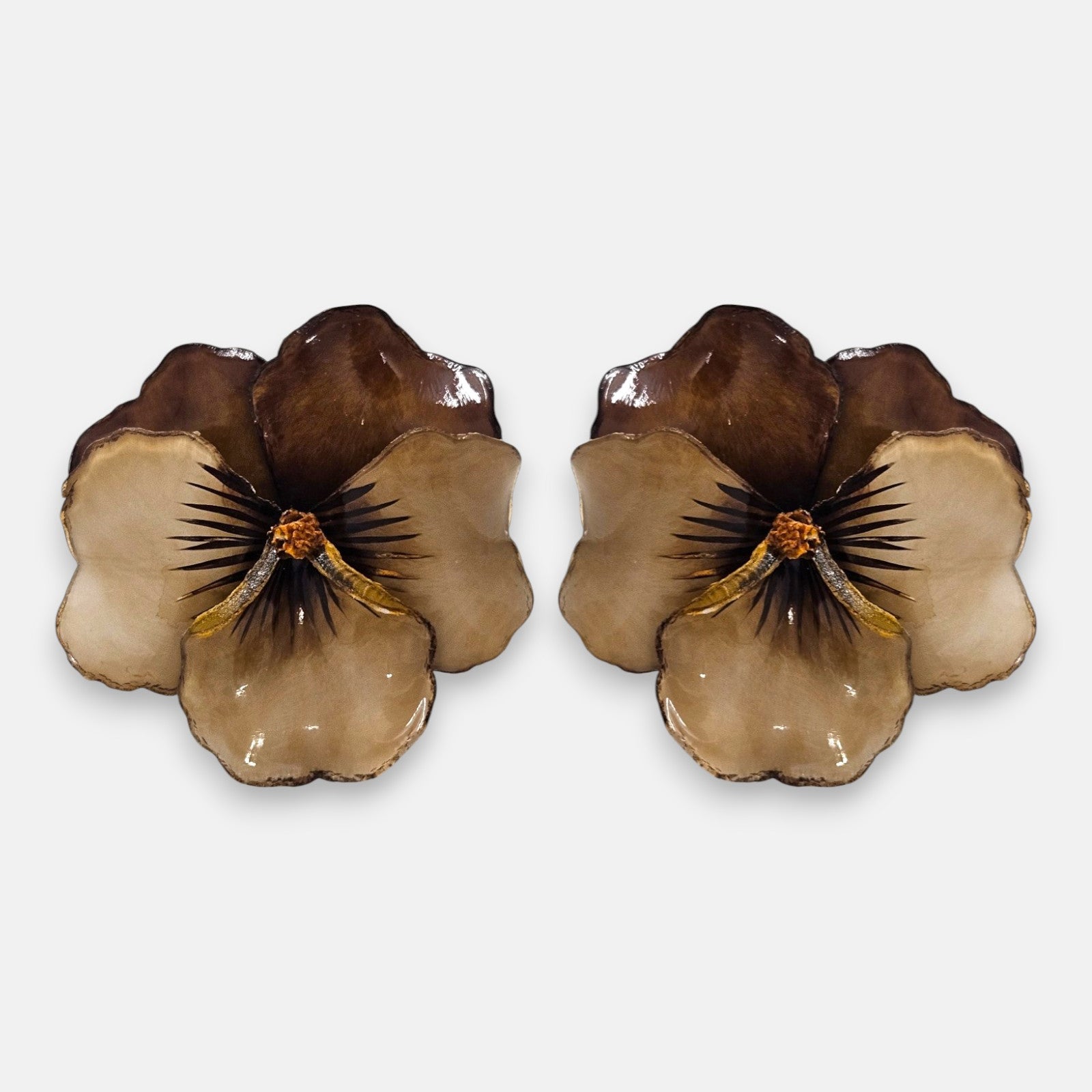  pareja de pendientes con forma de flor de pensamiento de Ciléa Paris, destacando sus pétalos superiores en marrón oscuro traslúcido y sus pétalos inferiores en color crema o beige de acabado brillante.