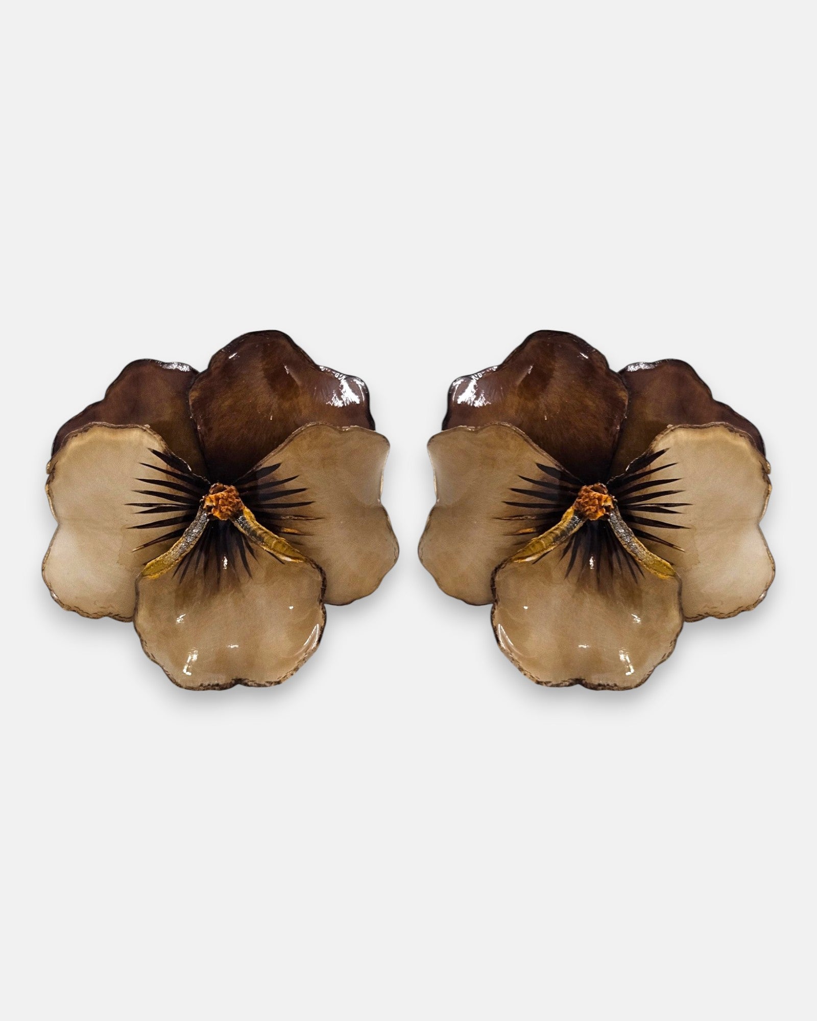 pareja de pendientes con forma de flor de pensamiento de Ciléa Paris, destacando sus pétalos superiores en marrón oscuro traslúcido y sus pétalos inferiores en color crema o beige de acabado brillante.