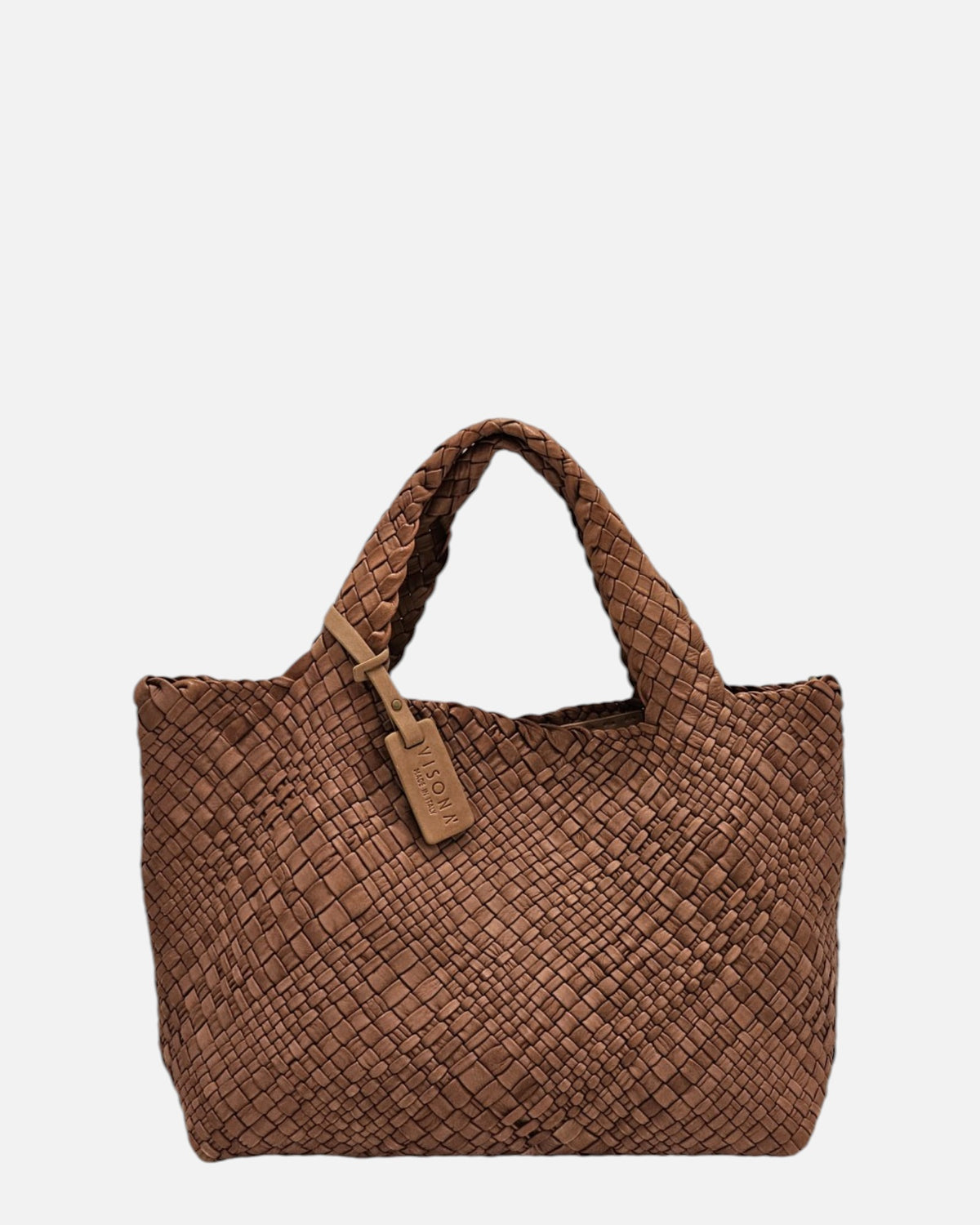 Bolso Tote Intrecciato Cognac de Plinio Visonà en piel trenzada tono avellana con etiqueta colgante de la firma