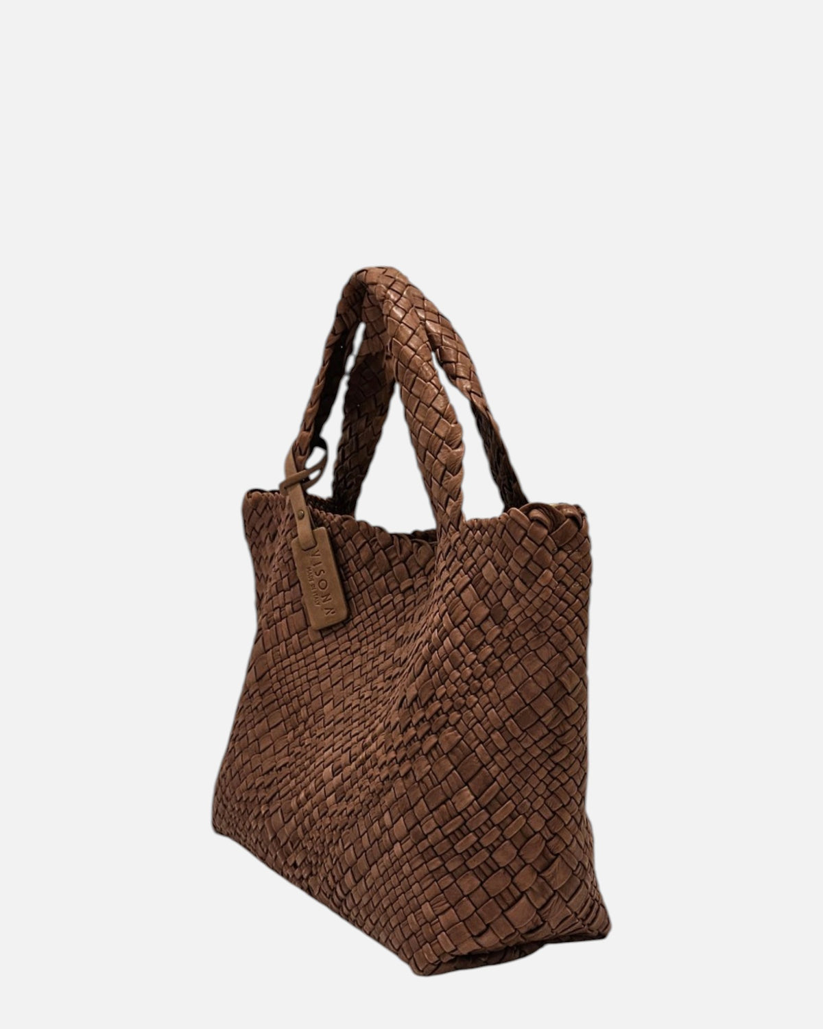 perfil del Bolso Tote Intrecciato Cognac de Plinio Visonà, destacando la profundidad de la base de 15 cm.