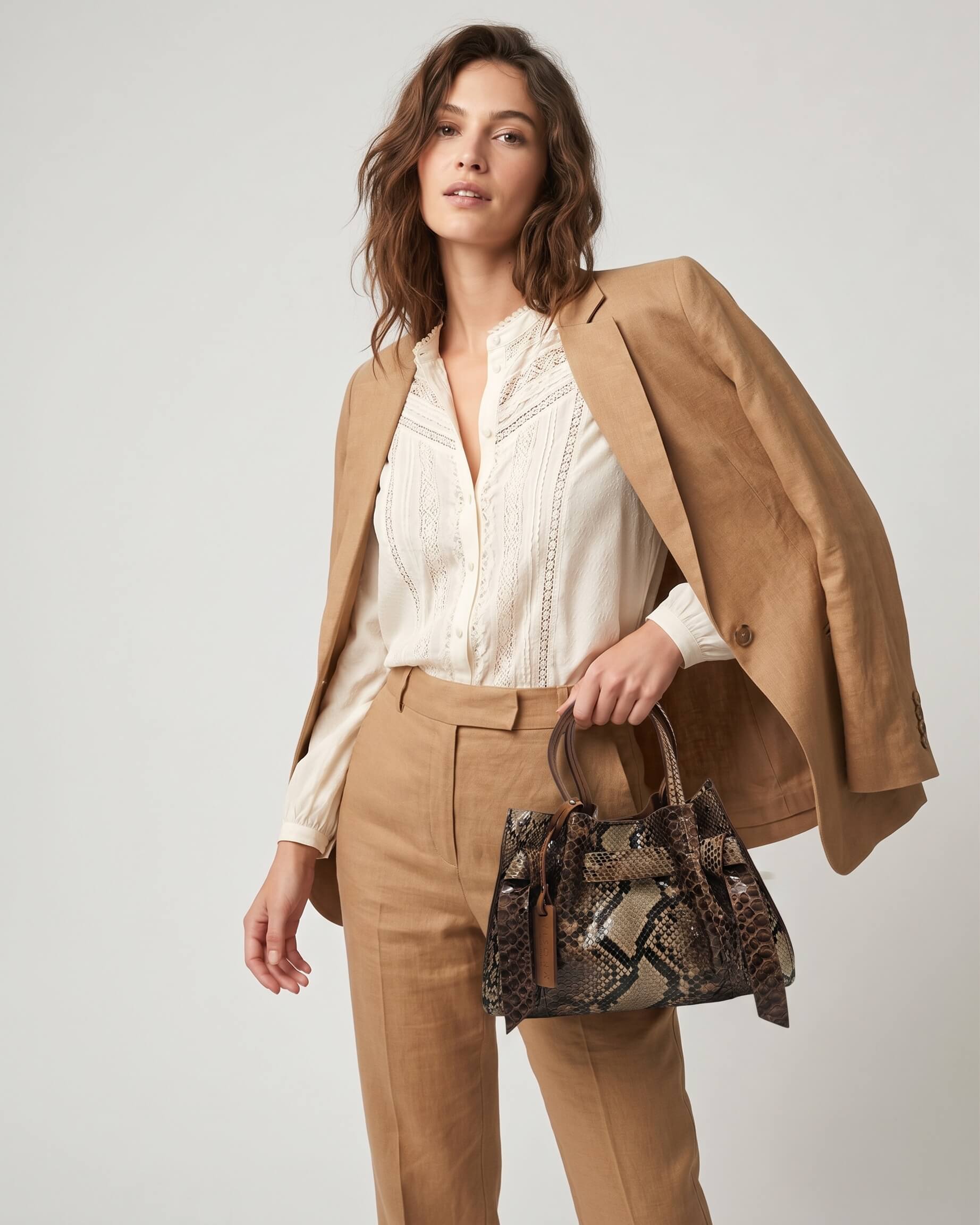 modelo luciendo en la mano el Bolso Pitón Pitagora de Plinio Visonà junto a un traje en tono beige.