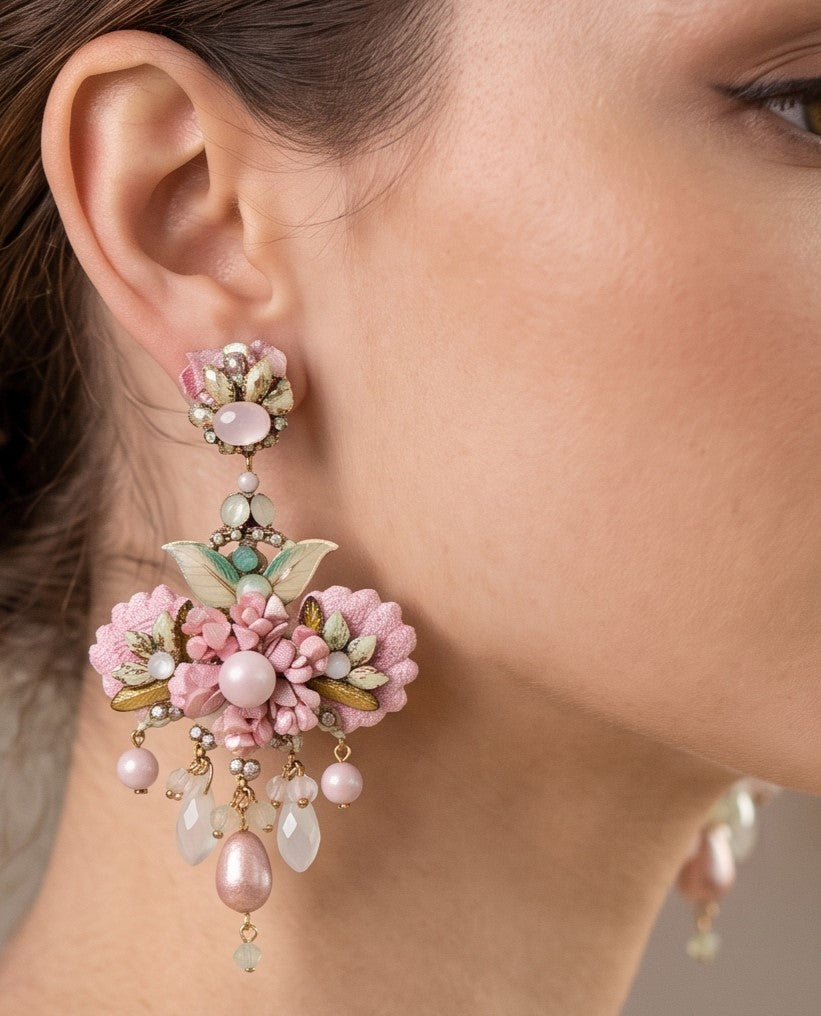 modelo luciendo el Pendiente Candelabro Flor Rosa Pastel de Dublos, apreciando la escala, el enmarque sobre el rostro y el brillo de las lágrimas colgantes.