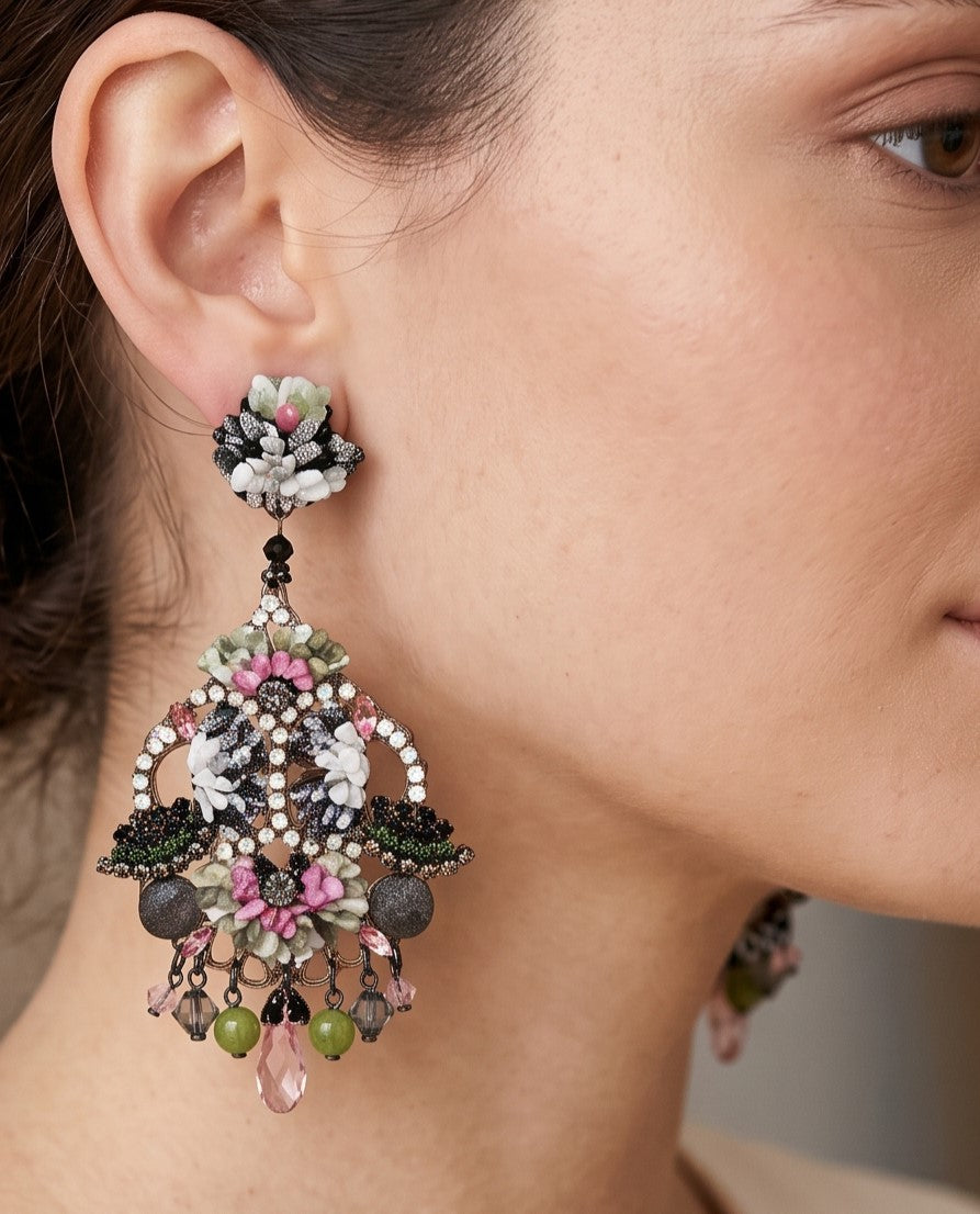 Pendientes Flor Jaspeada Rosa y Oliva