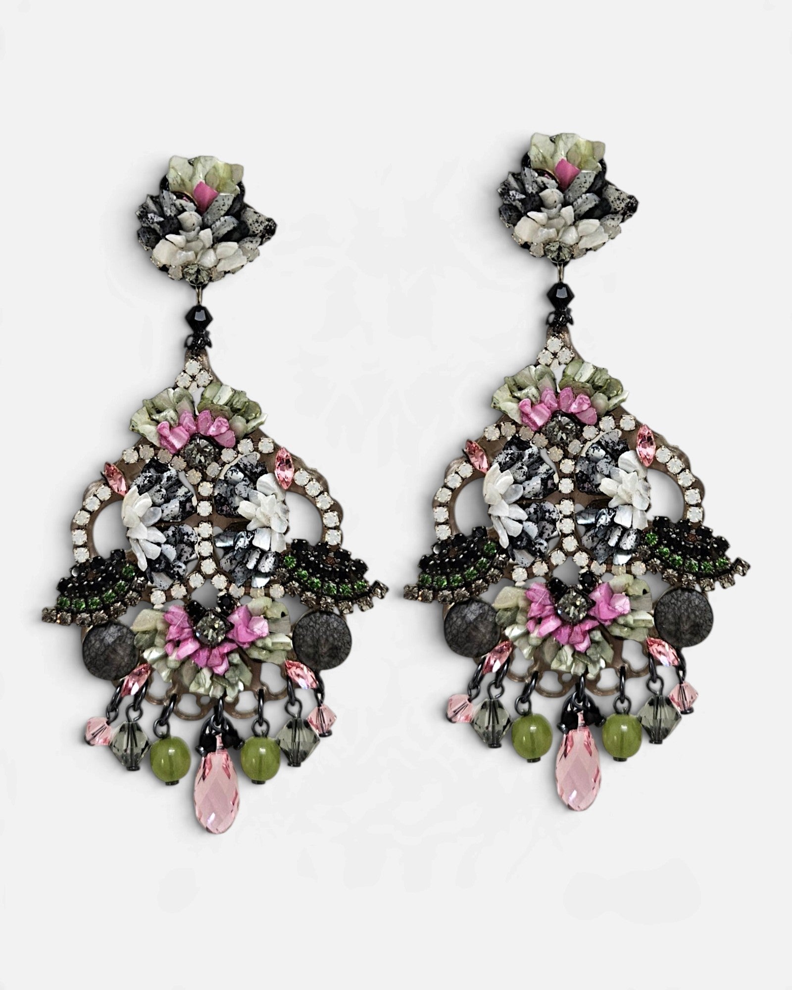 Pendientes Flor Jaspeada Rosa y Oliva