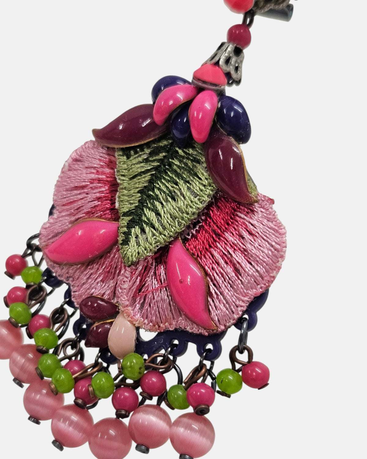 Large party earrings Dublos embroidered in pink and green