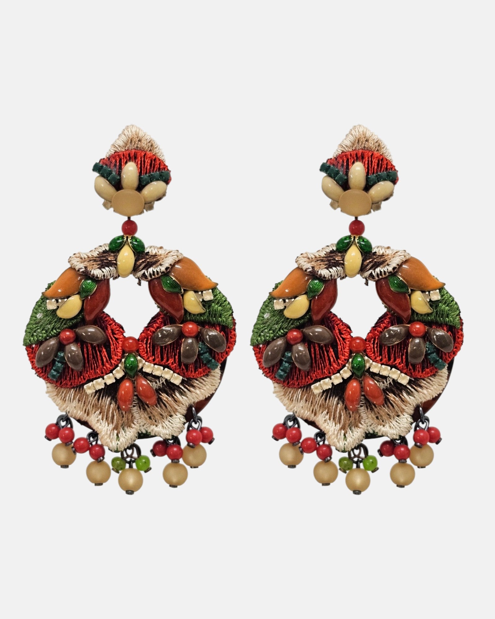 Pendientes grandes de fiesta Dublos bordados en rojo teja
