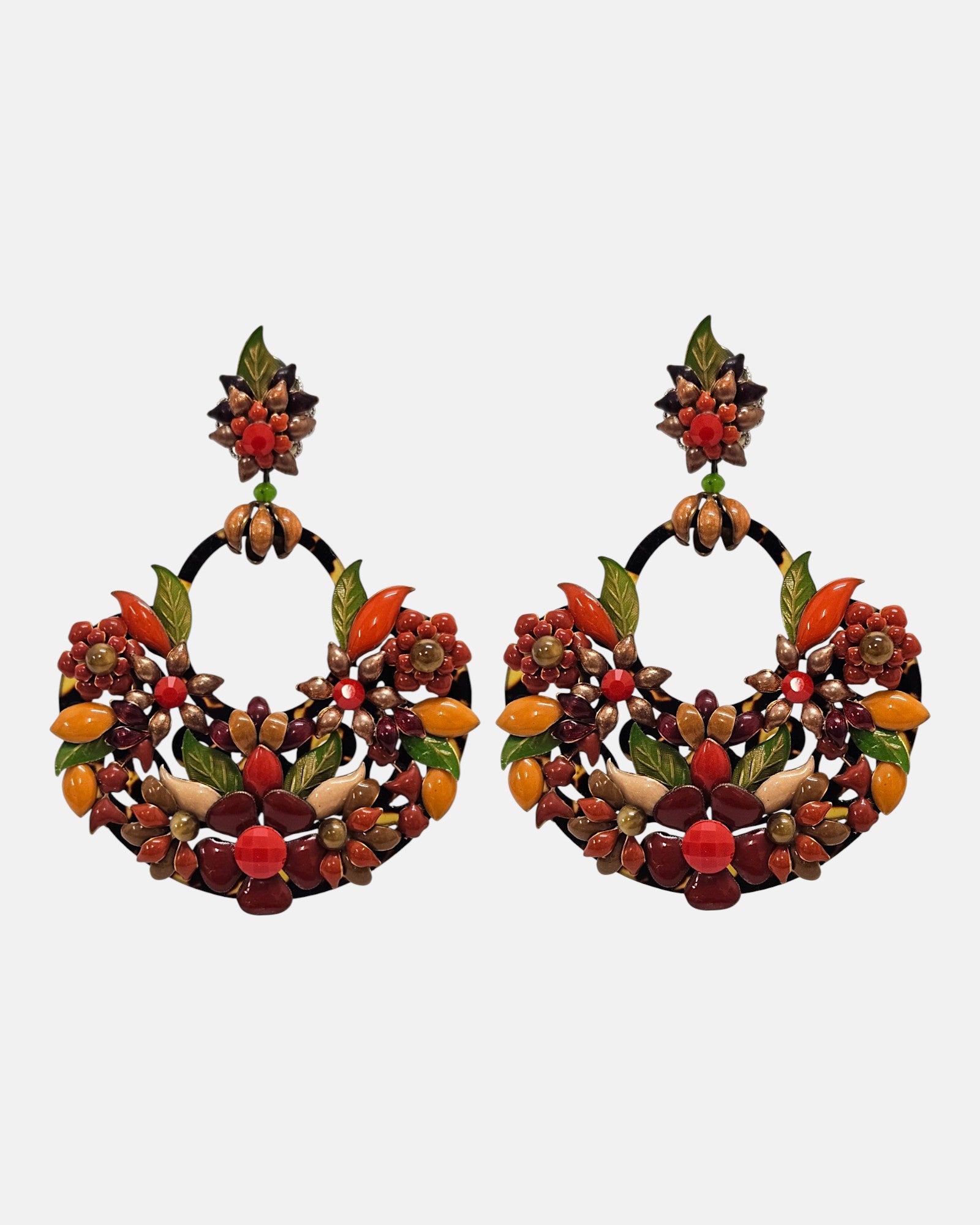 Pendientes de aro grandes Dublos florales en coral y teja