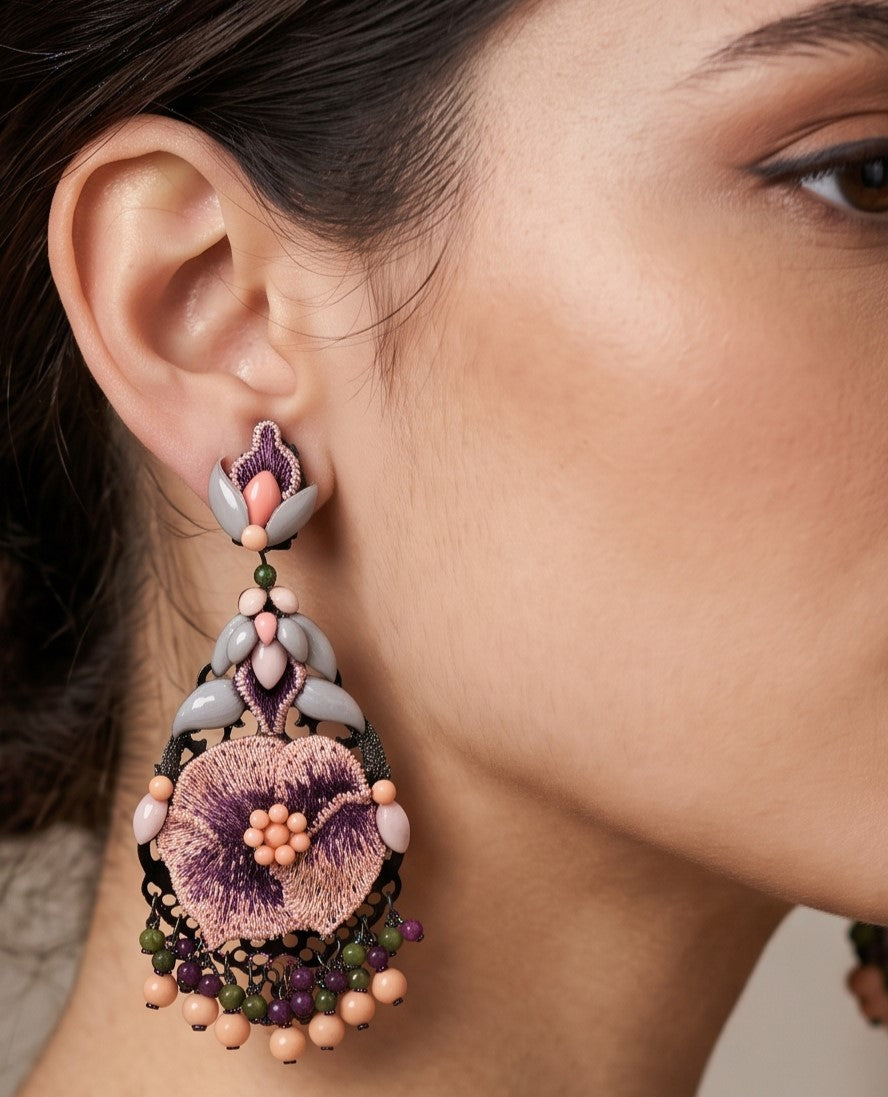 Pendientes Flor Bordada Rosa y Salmón
