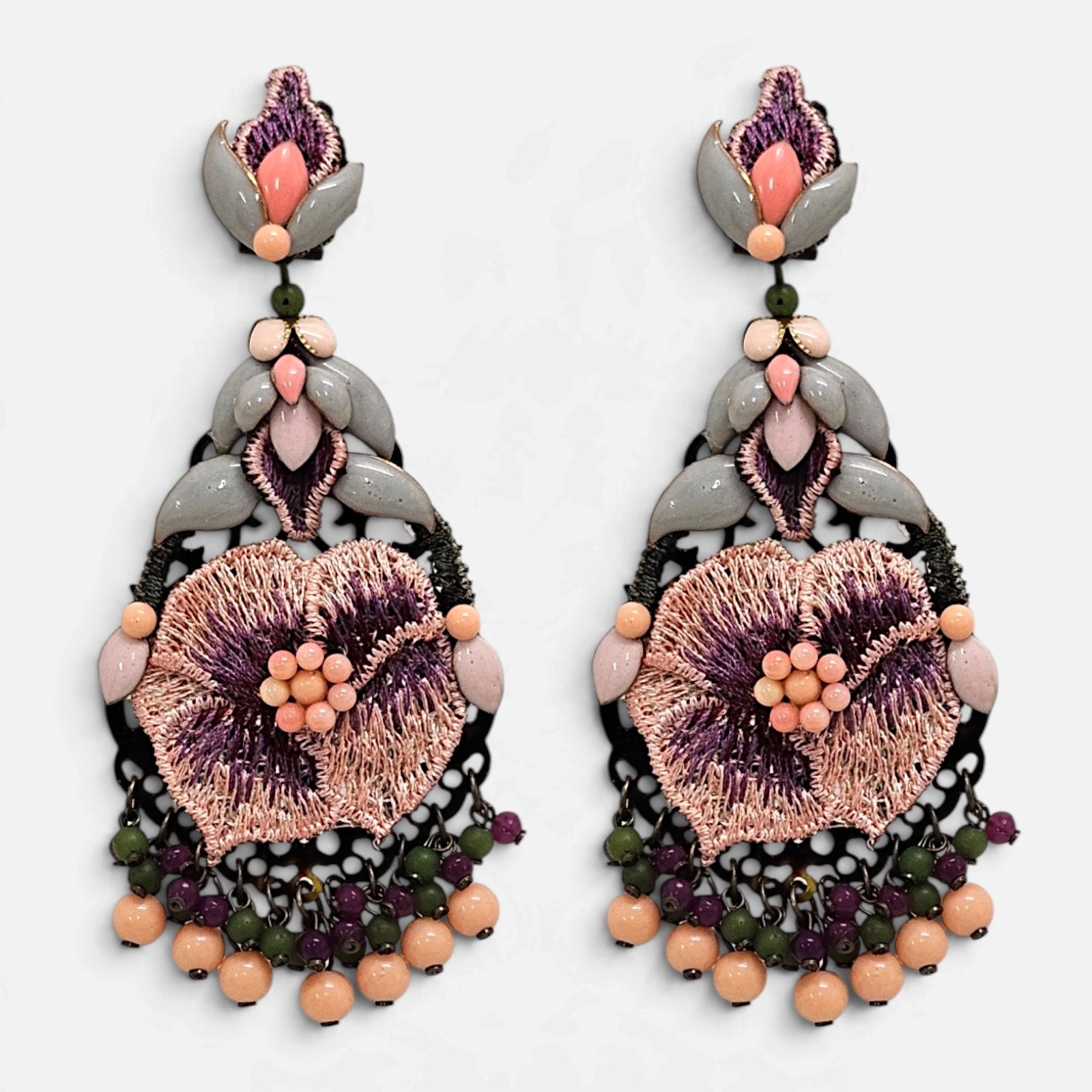 Pendientes Flor Bordada Rosa y Salmón