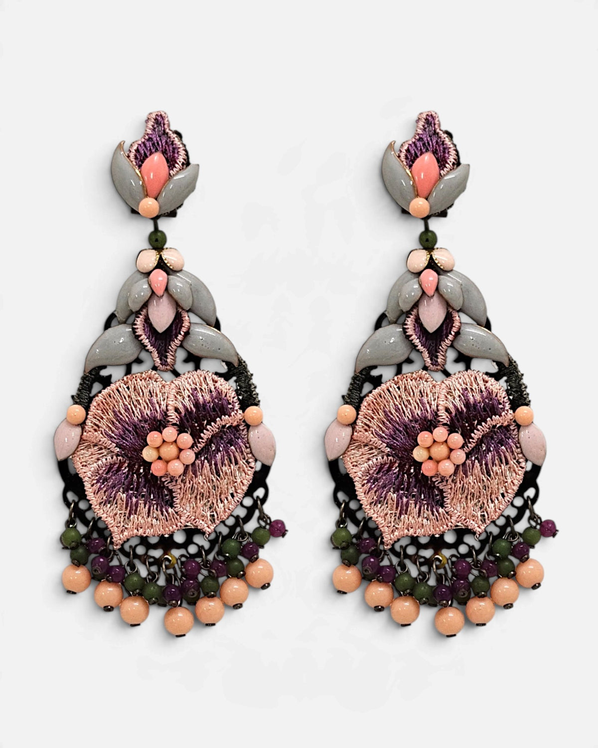 Pendientes Flor Bordada Rosa y Salmón
