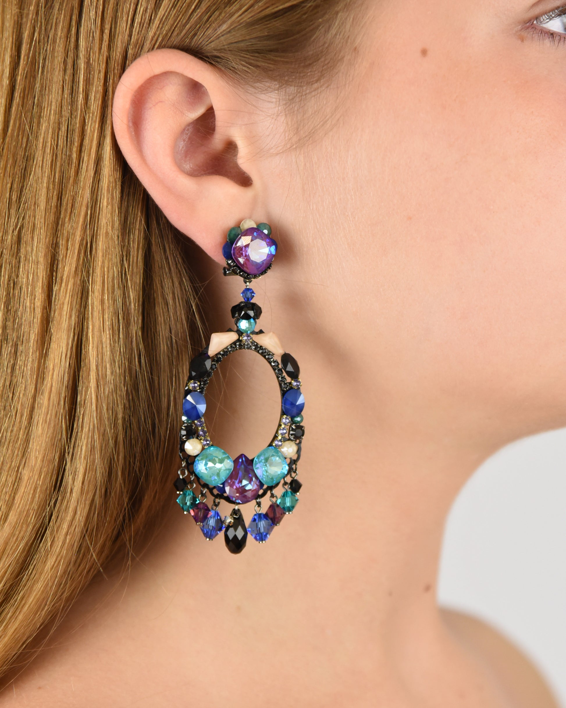 Pendientes Dublos Swarovski azul y morado multicolor