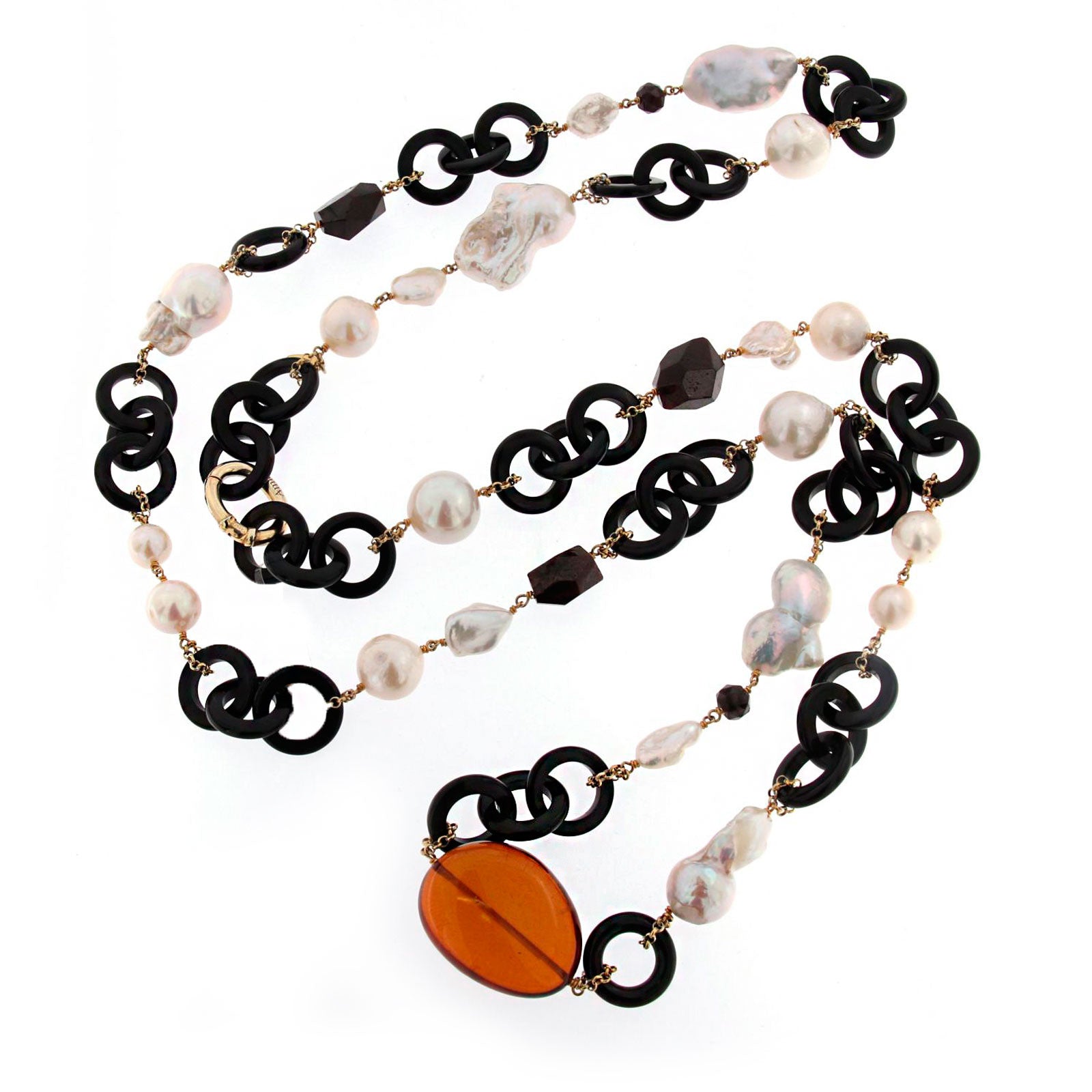 Collar largo cuerno perla y ámbar