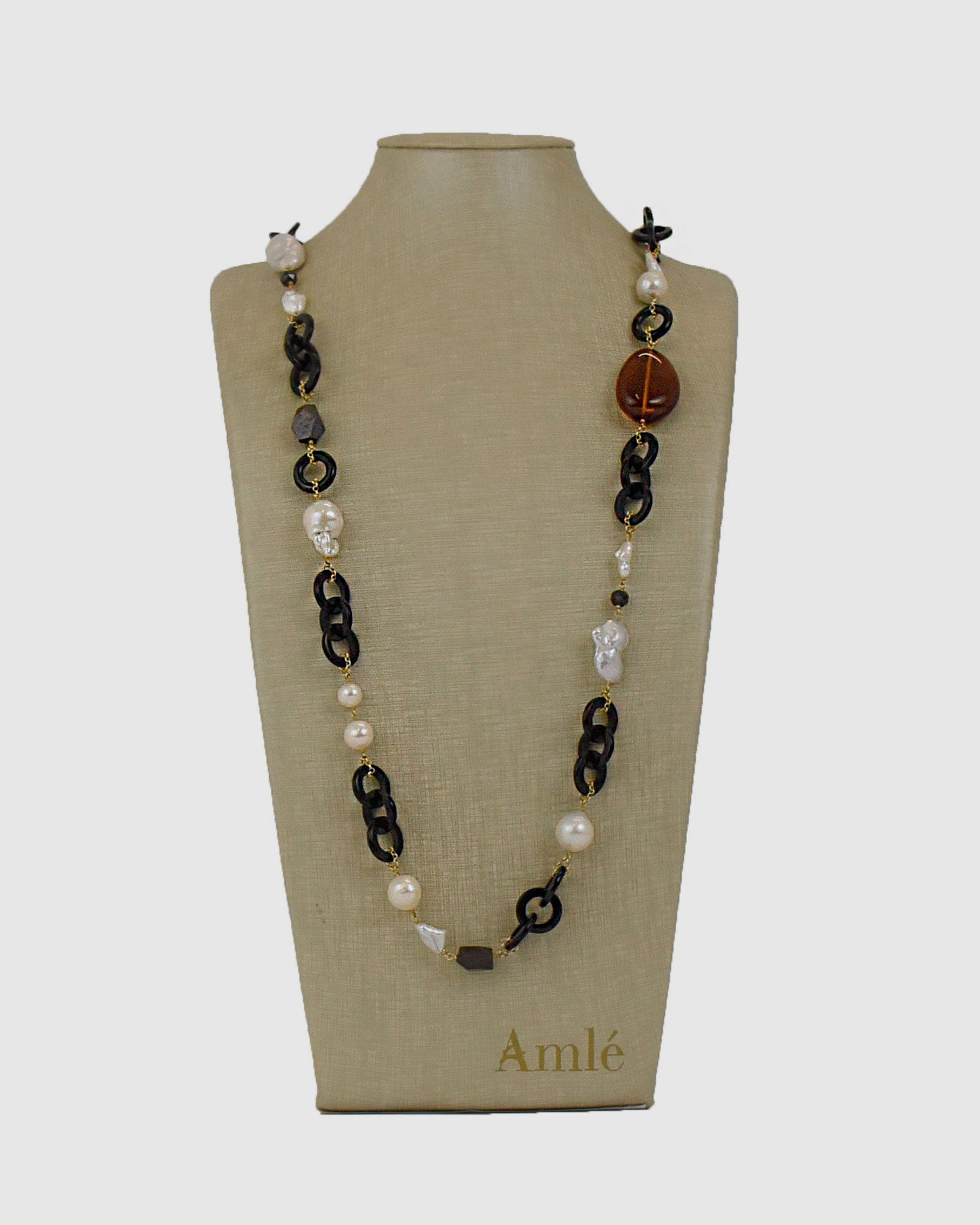 Collar largo cuerno perla y ámbar