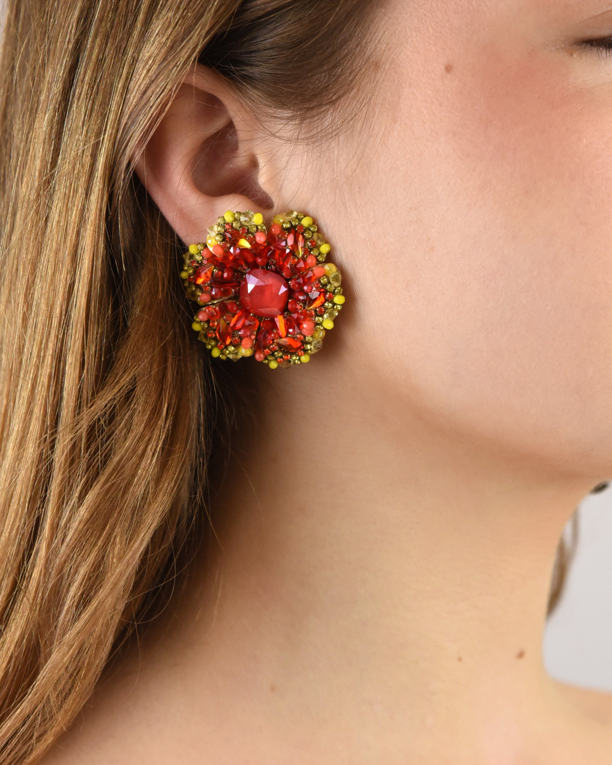 Pendientes flor de pétalos rojo y amarillo