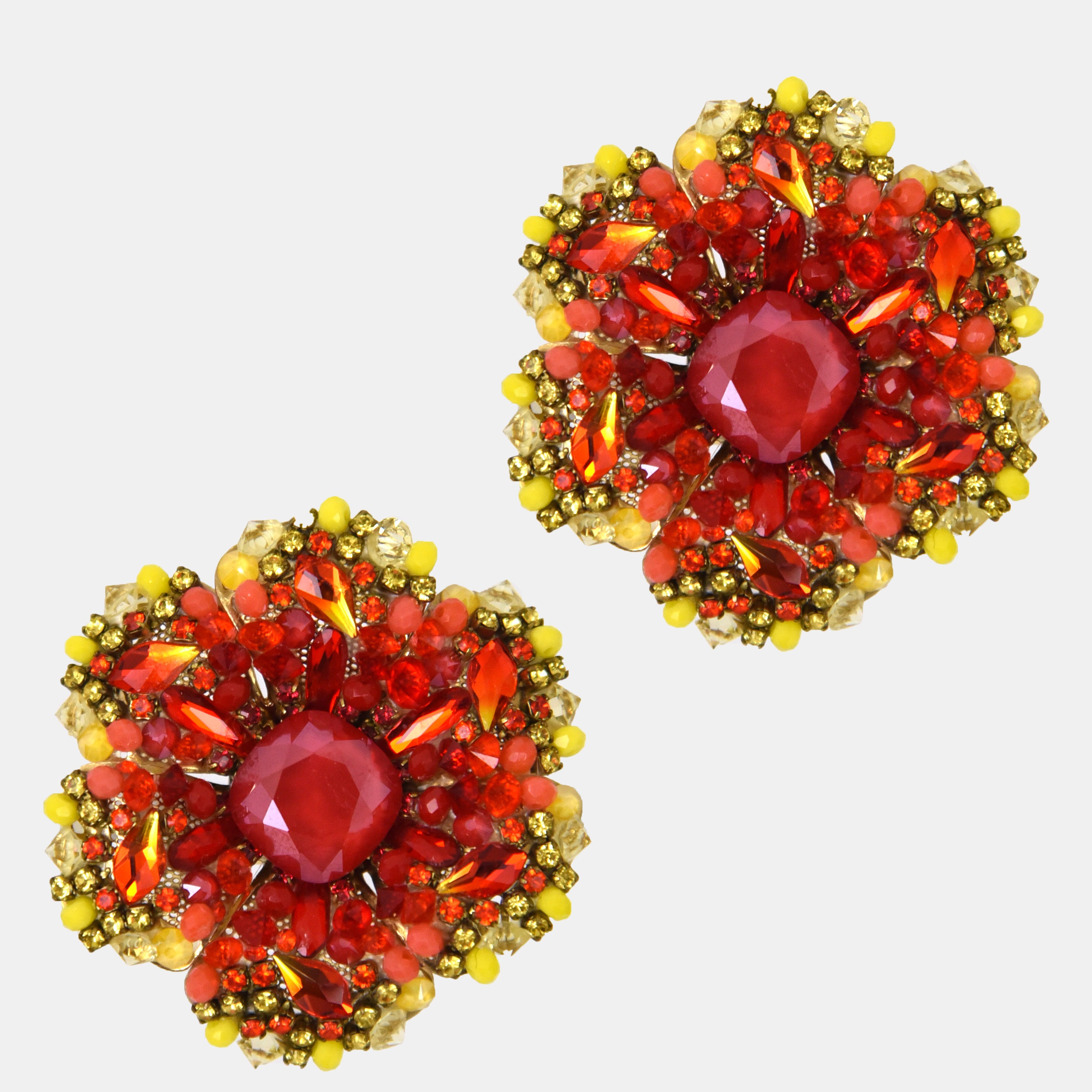 Boucles d'oreilles en forme de fleur rouge et jaune 