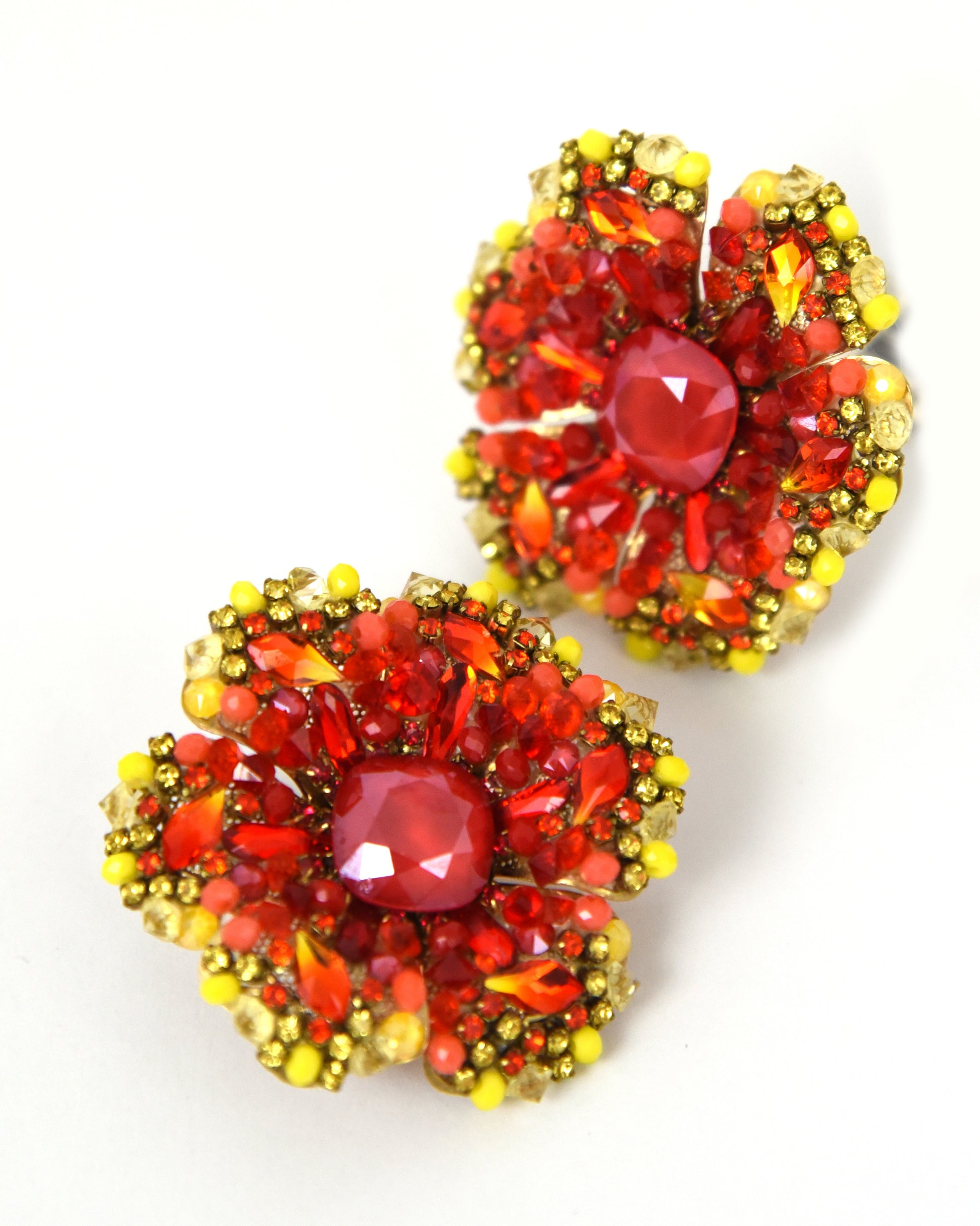 Pendientes flor de pétalos rojo y amarillo