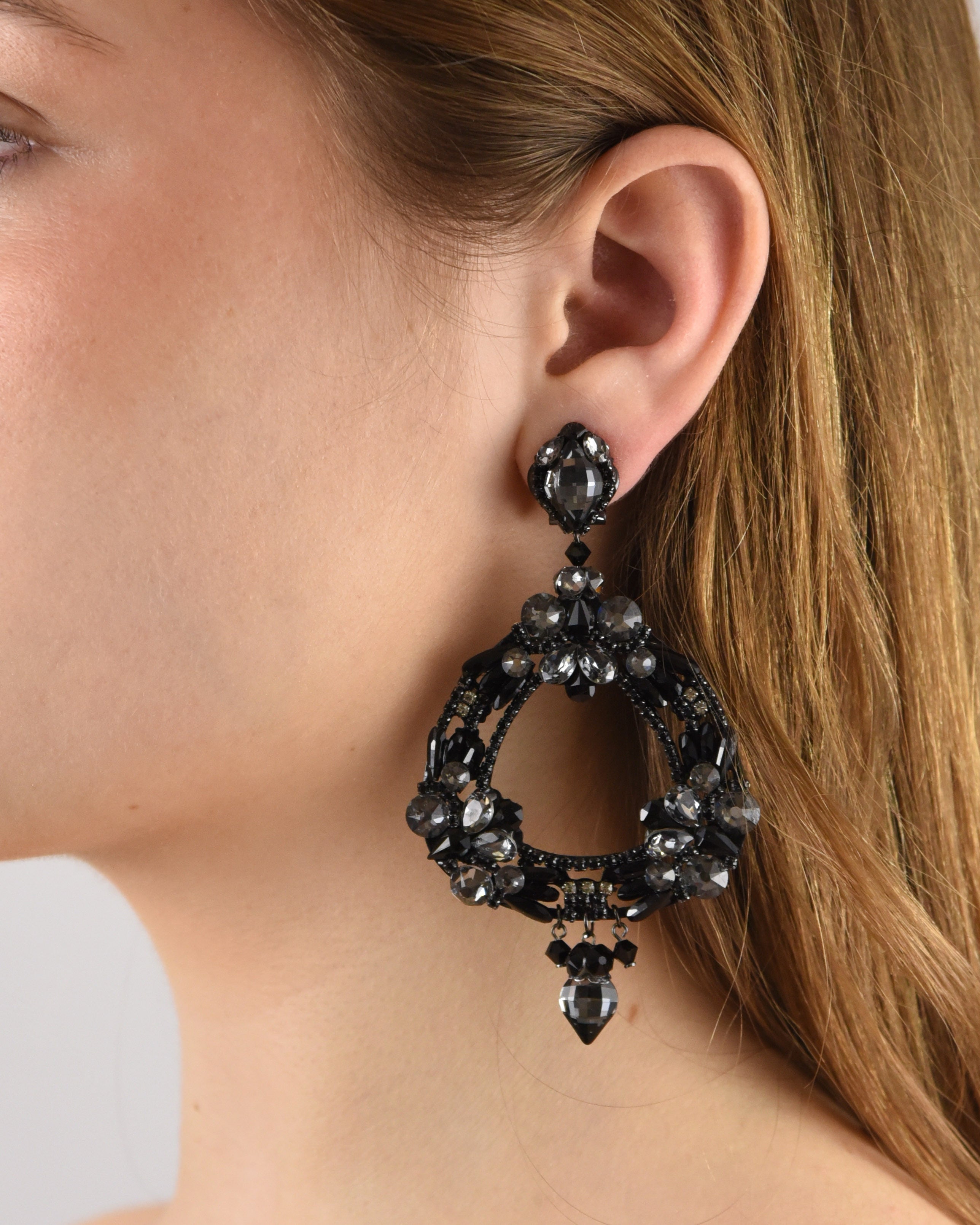 Triangle hoop earrings with black crystals 
