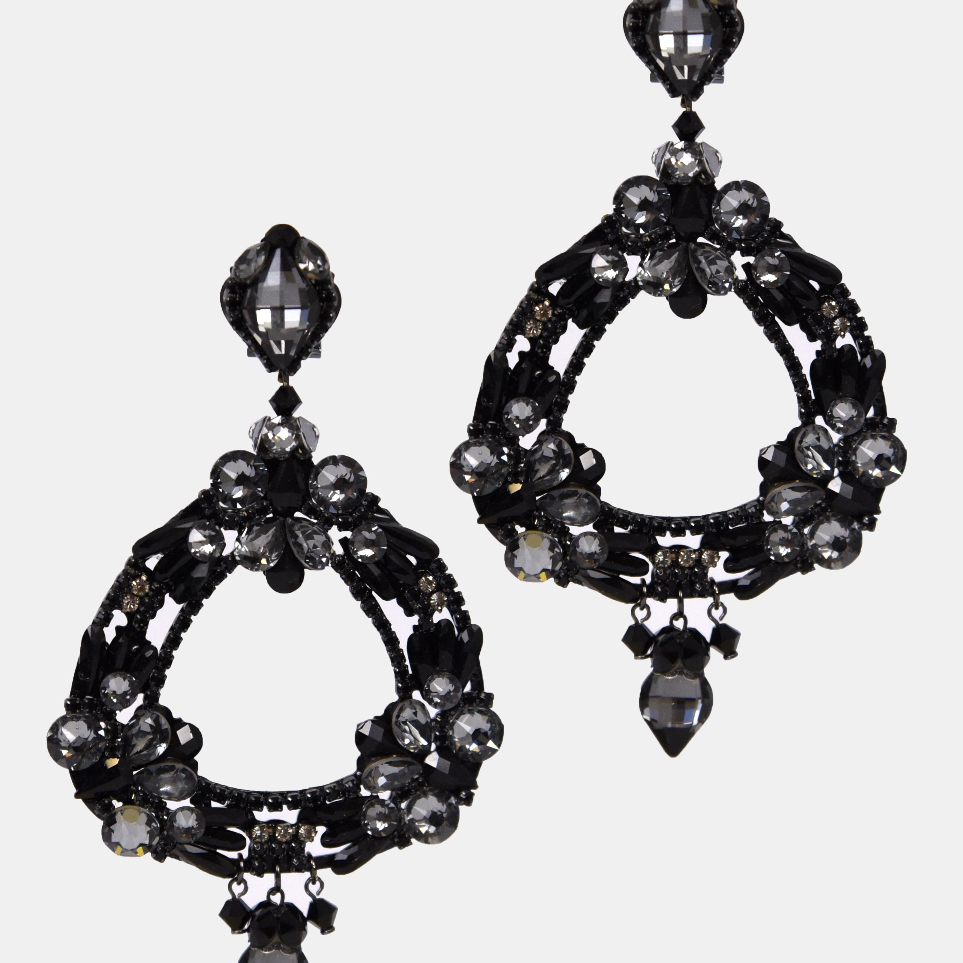 Triangle hoop earrings with black crystals 
