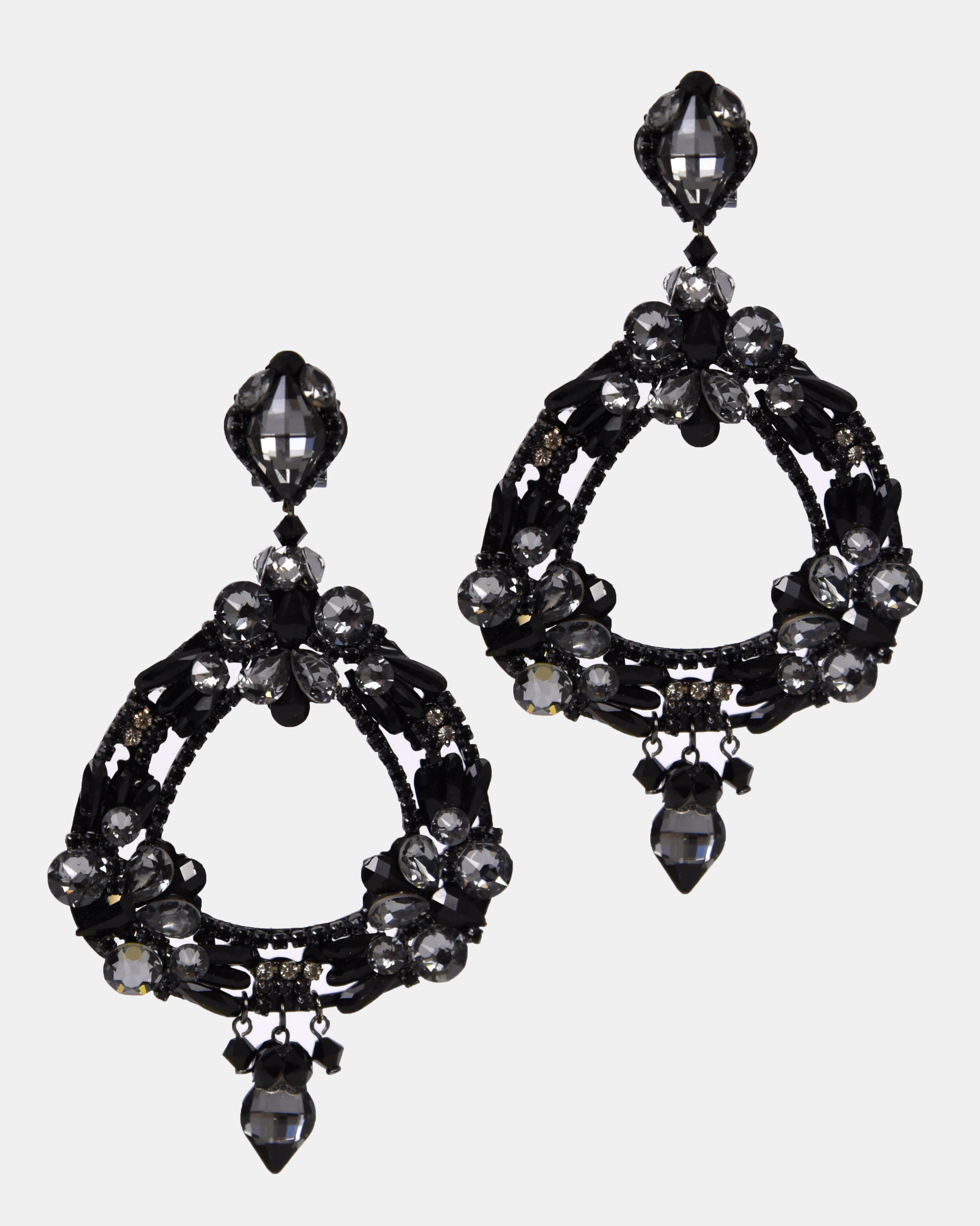 Triangle hoop earrings with black crystals 