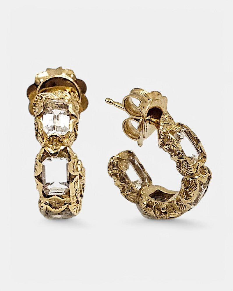 Pendientes de plata labrada con cristal de roca dorados