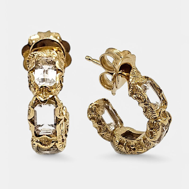 Pendientes de plata labrada con cristal de roca dorados