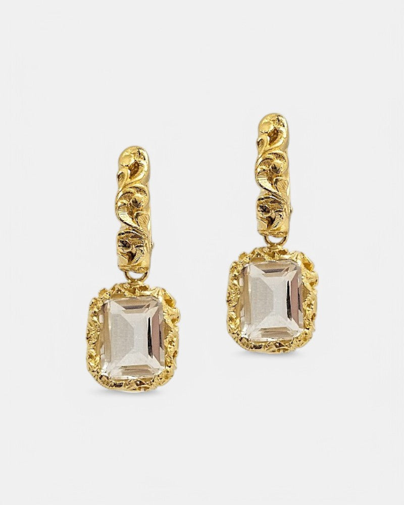 Pendientes de plata labrada con cristal de roca dorados