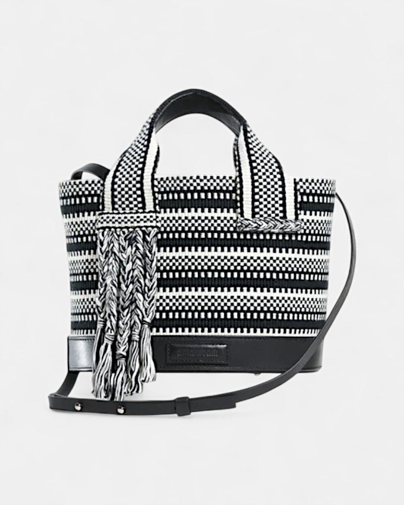 Bolso tejido y piel bicolor negro y blanco