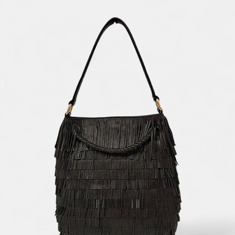 Bolso piel negro flecos