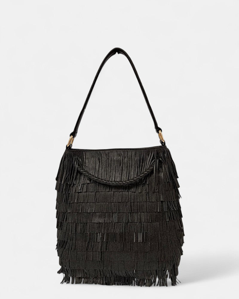 Bolso piel negro flecos