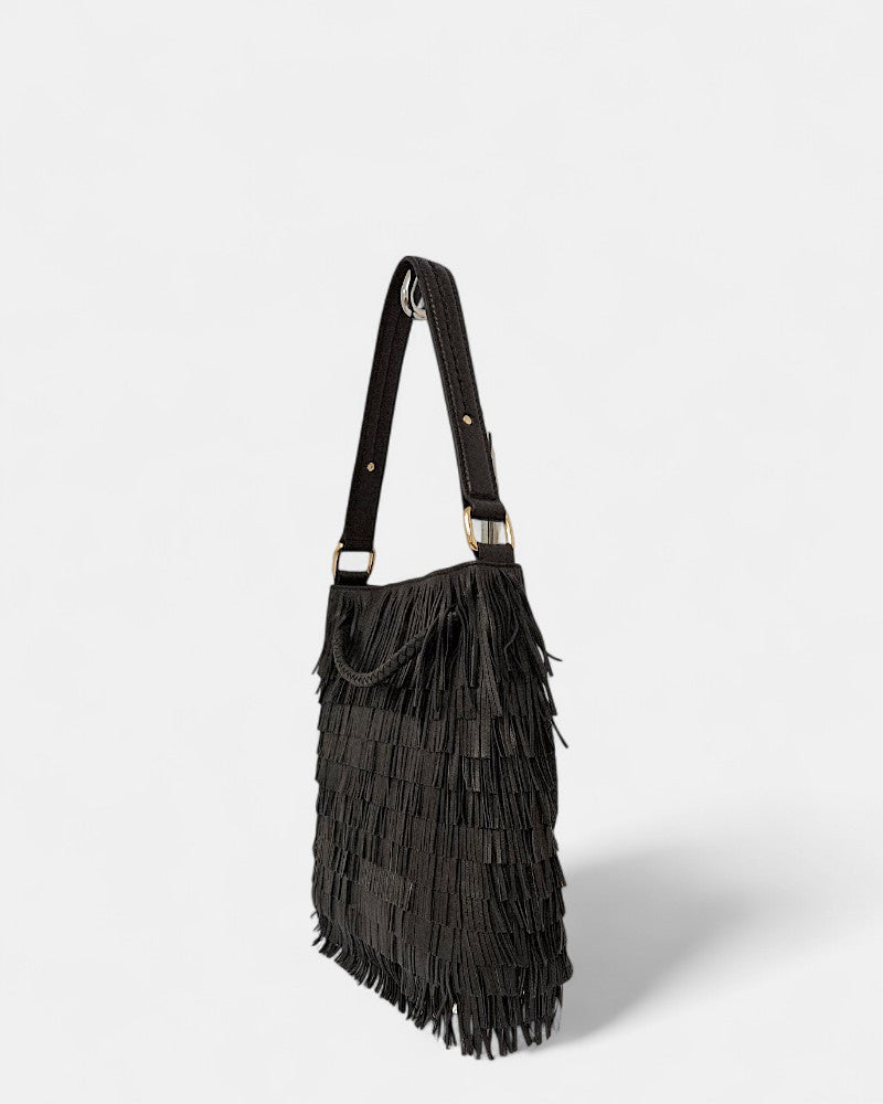 Bolso piel negro flecos