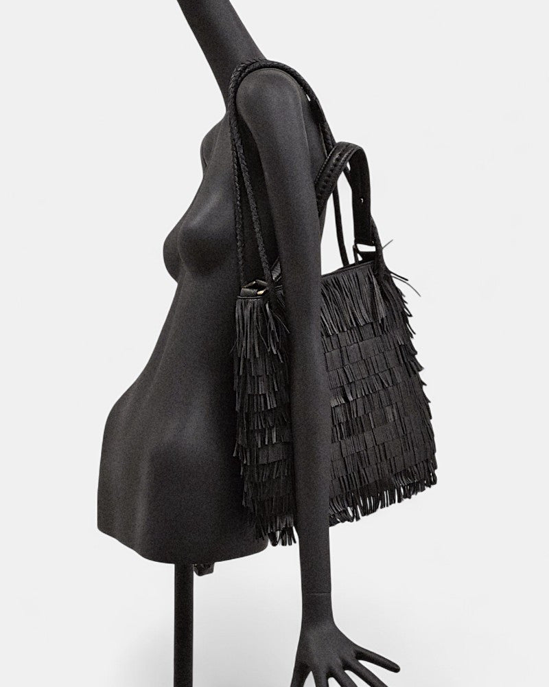 Sac en cuir noir à franges