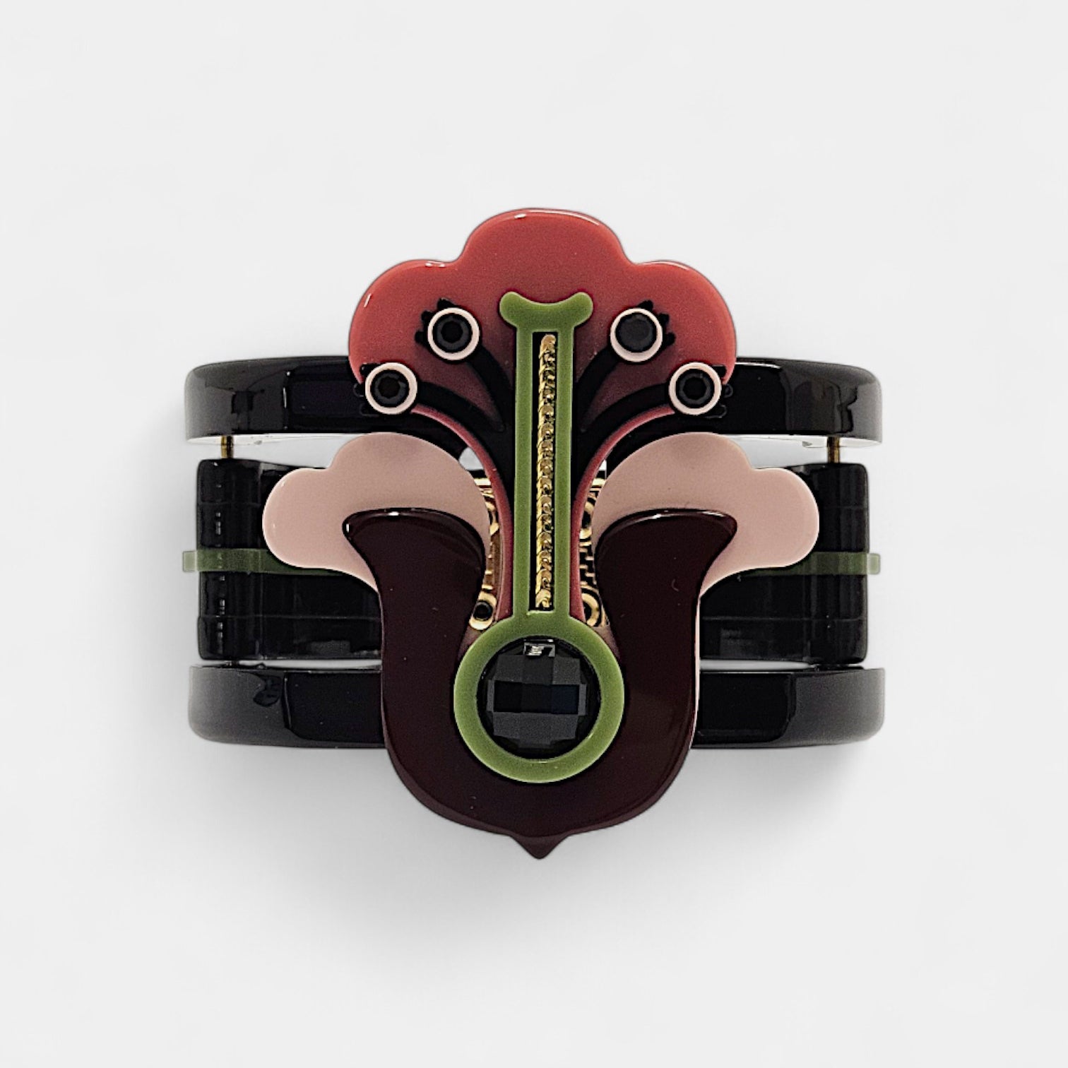 Bracelet Art Déco à motif floral en résine rose et noire