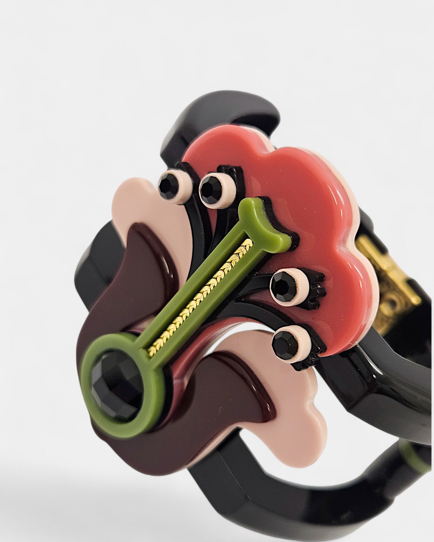 Bracelet Art Déco à motif floral en résine rose et noire