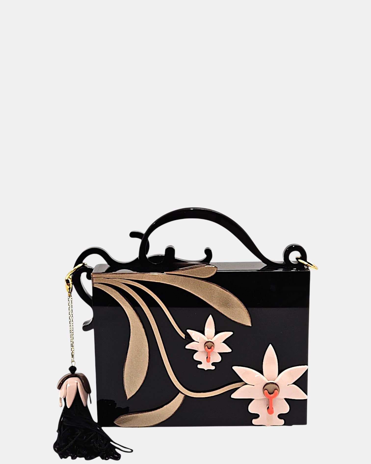 Sac Gissa Bicalho en méthacrylate noir orné de fleurs en relief