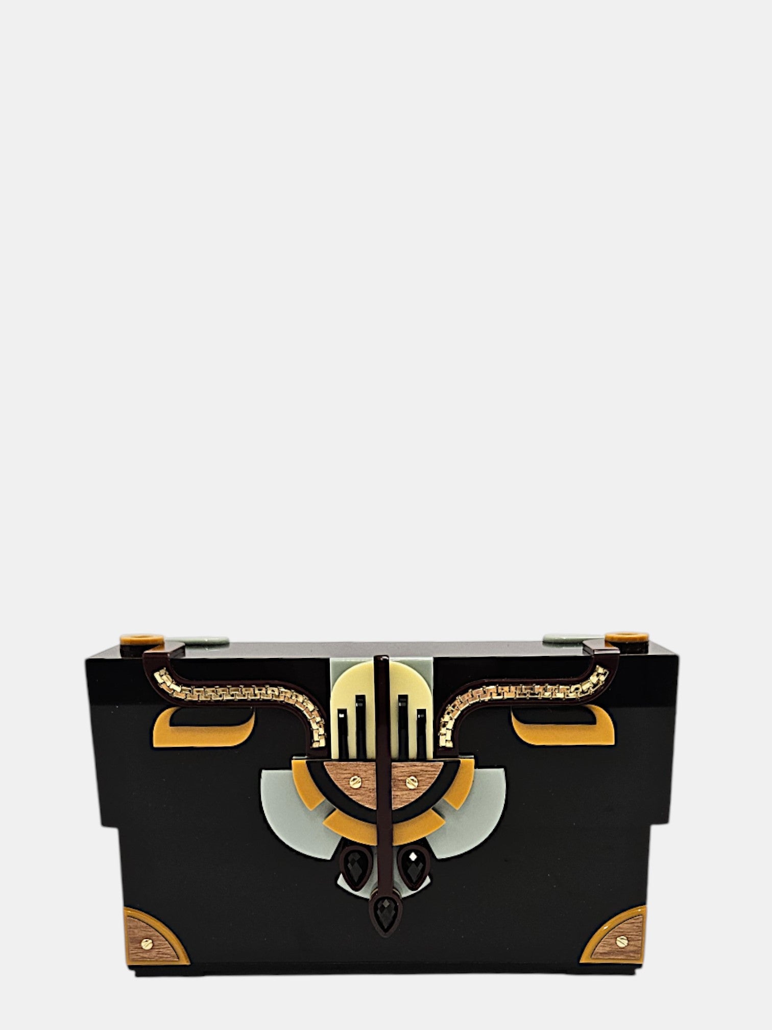 Clutch Gissa Bicalho negro acrílico con cadena dorada