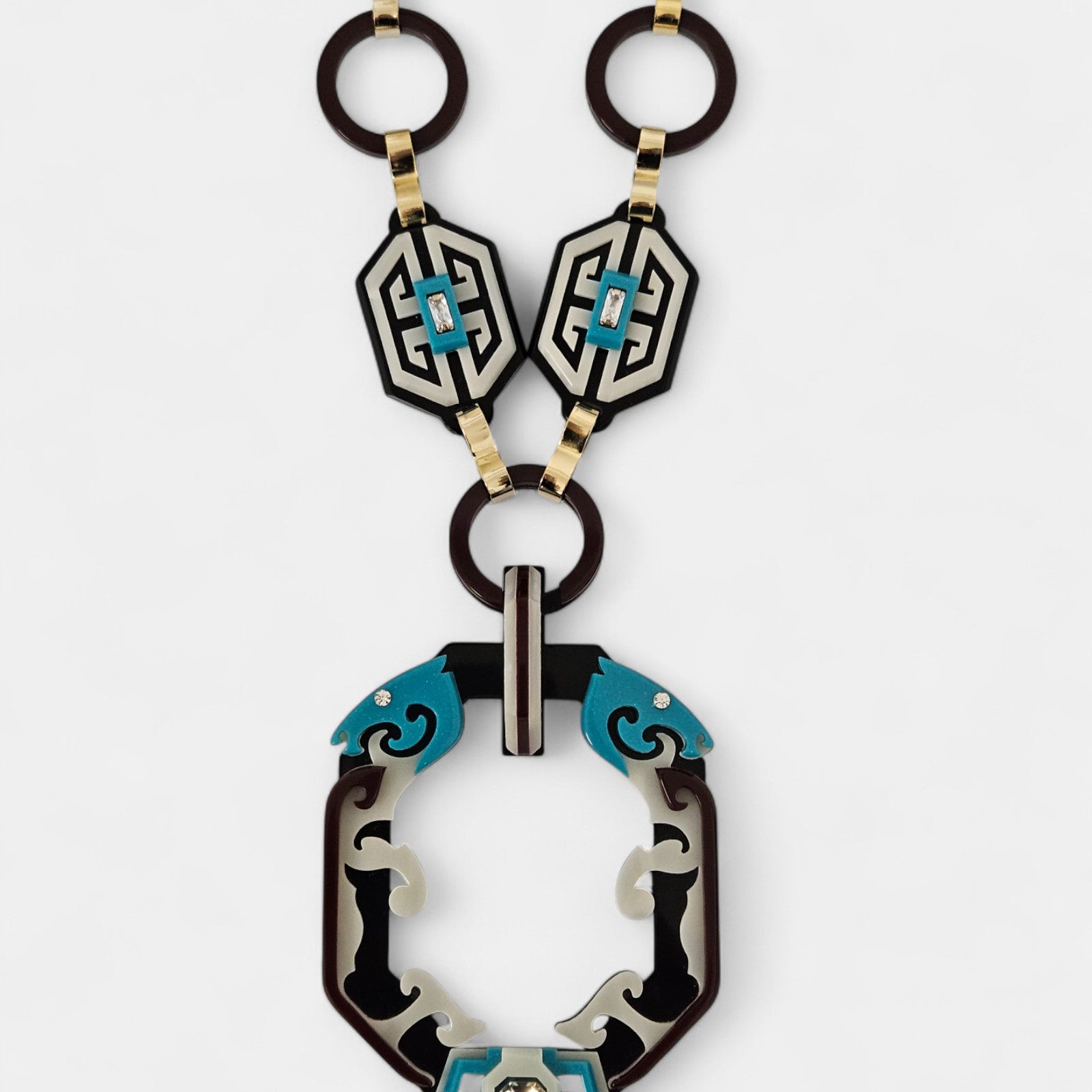 Collar Gissa Bicalho acrílico negro y turquesa con cinta