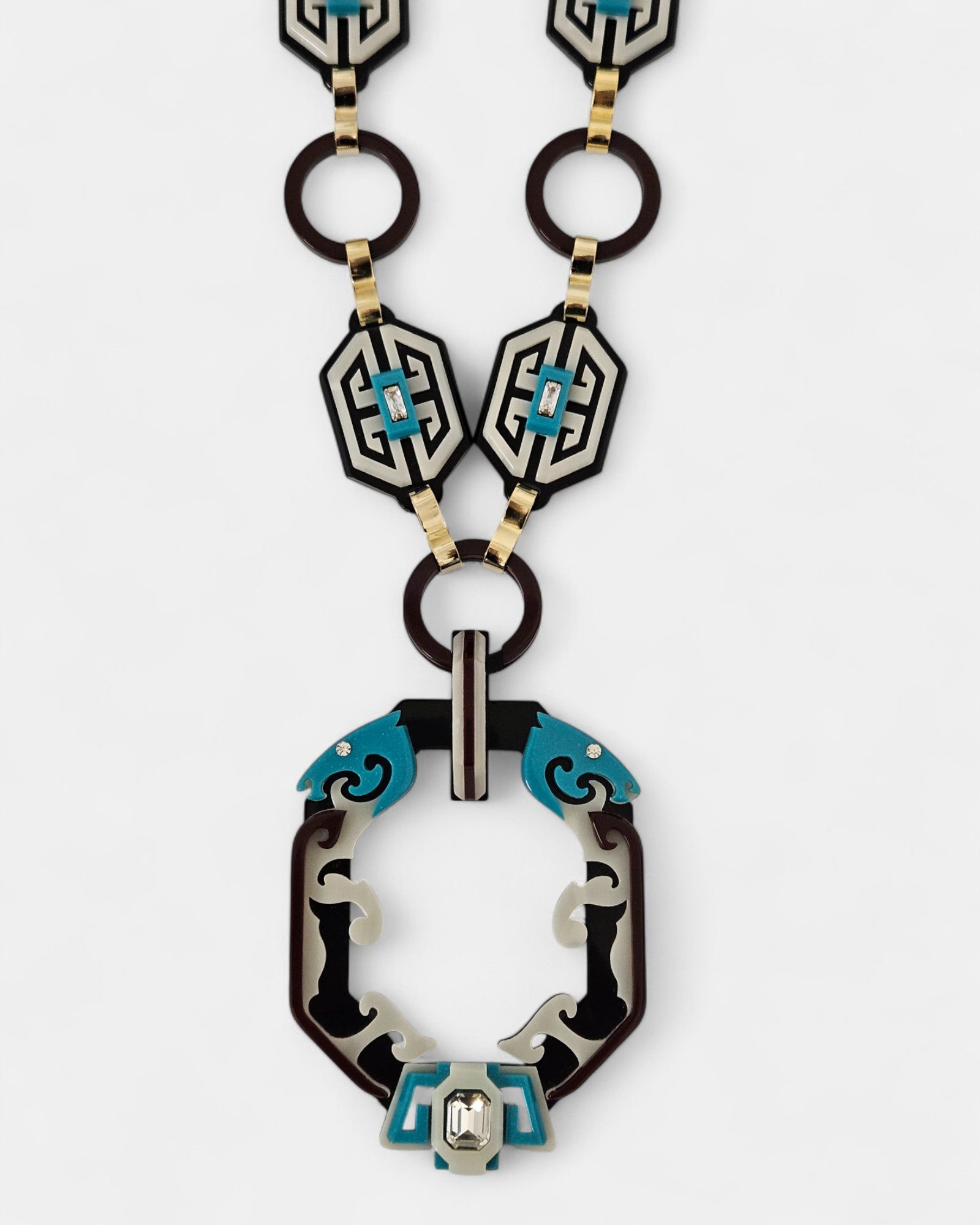 Collar Gissa Bicalho acrílico negro y turquesa con cinta