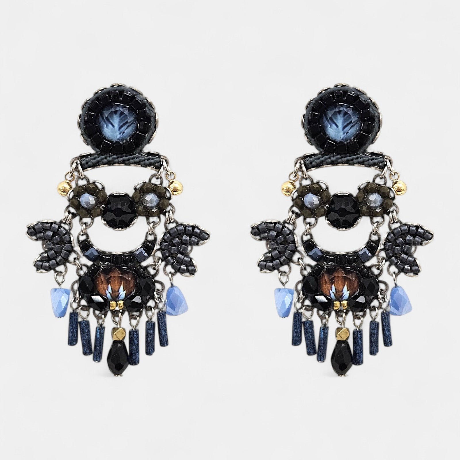 Pendientes Largos con Cristales Azules y Negros Maida