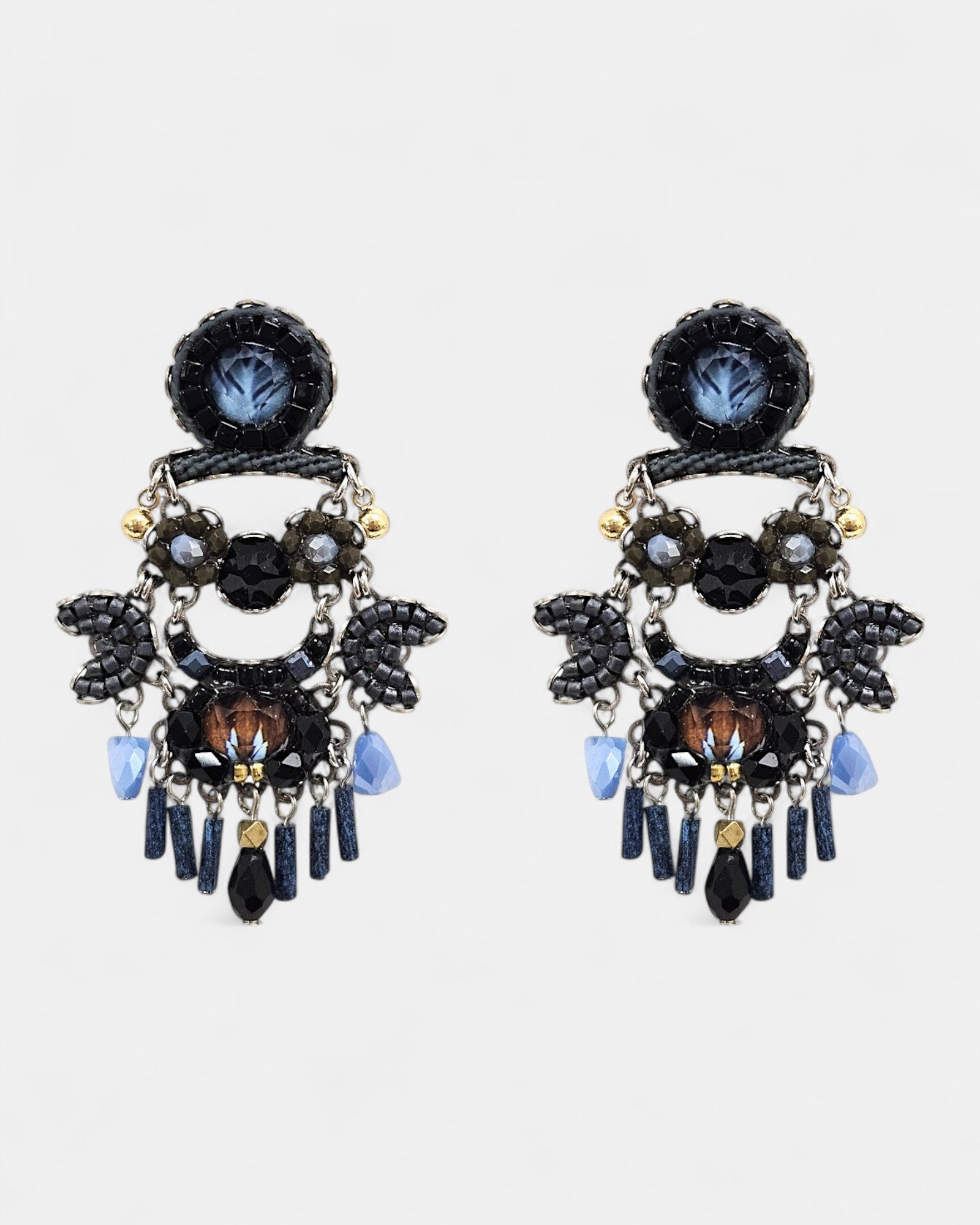 Pendientes Largos con Cristales Azules y Negros Maida