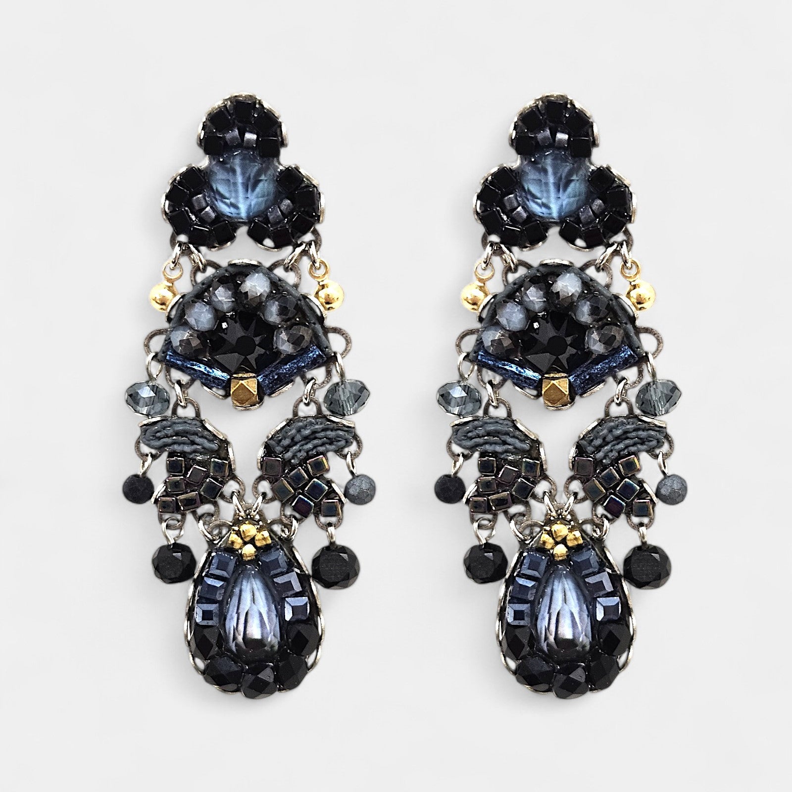 Pendientes Largos Azules con Cristales Negros Marina